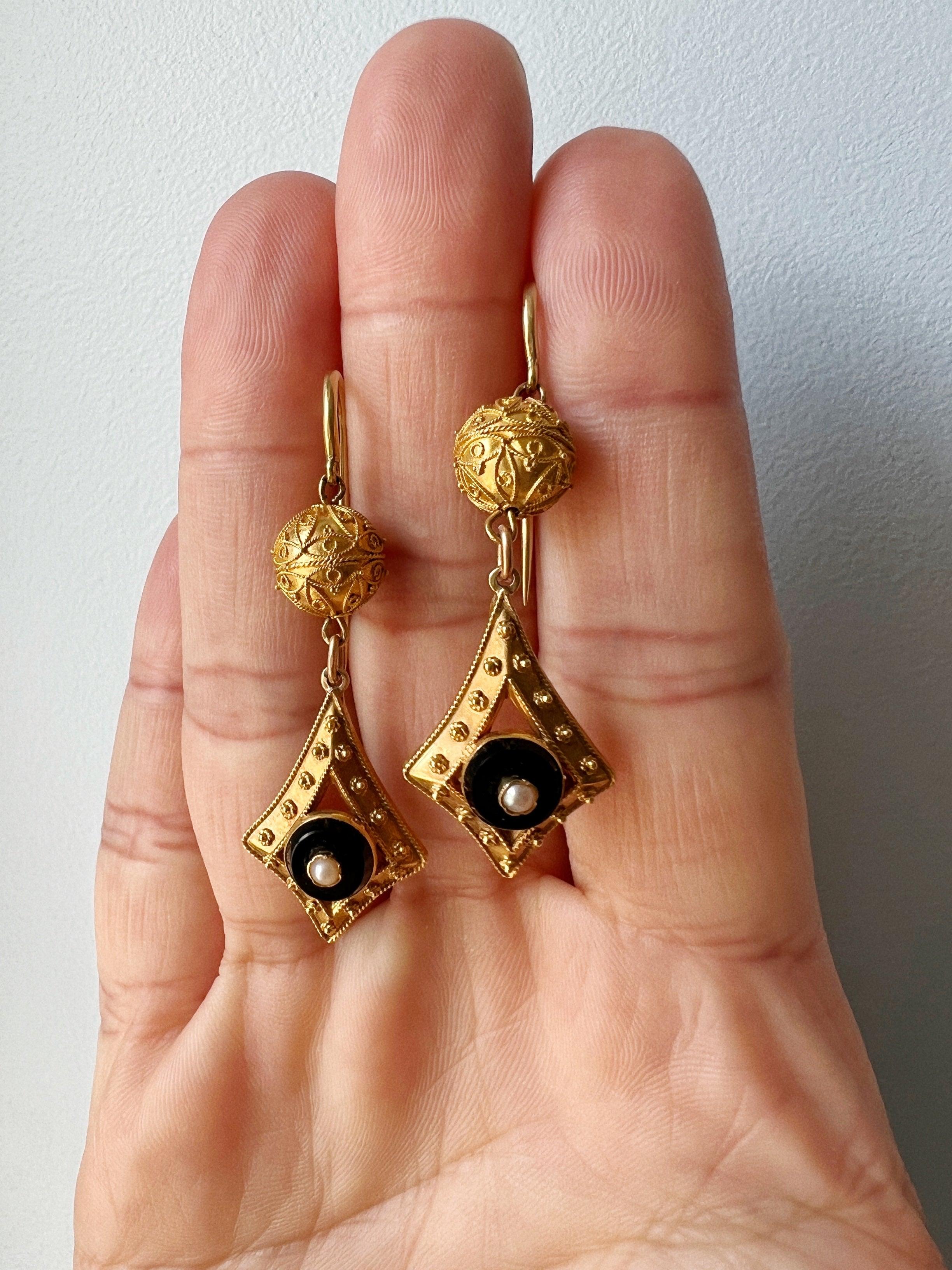 Victorian era 18K gold onyx pearl archaeological revival style drop earrings - Curiously timeless