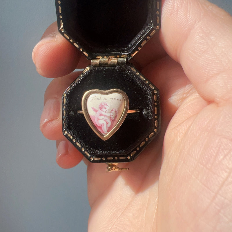 Antique 18k gold cherub heart “all for you” ring