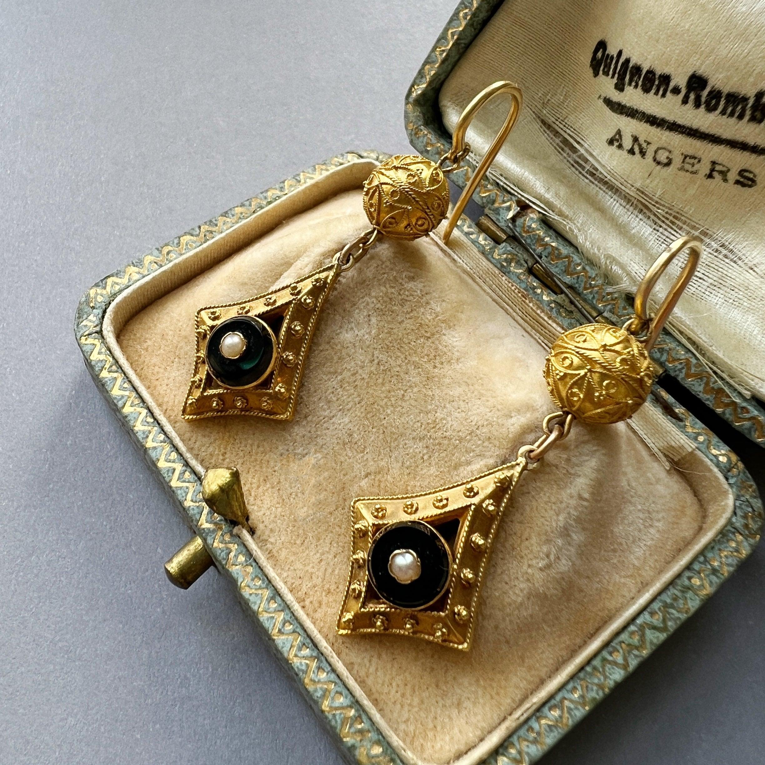 Victorian era 18K gold onyx pearl archaeological revival style drop earrings - Curiously timeless