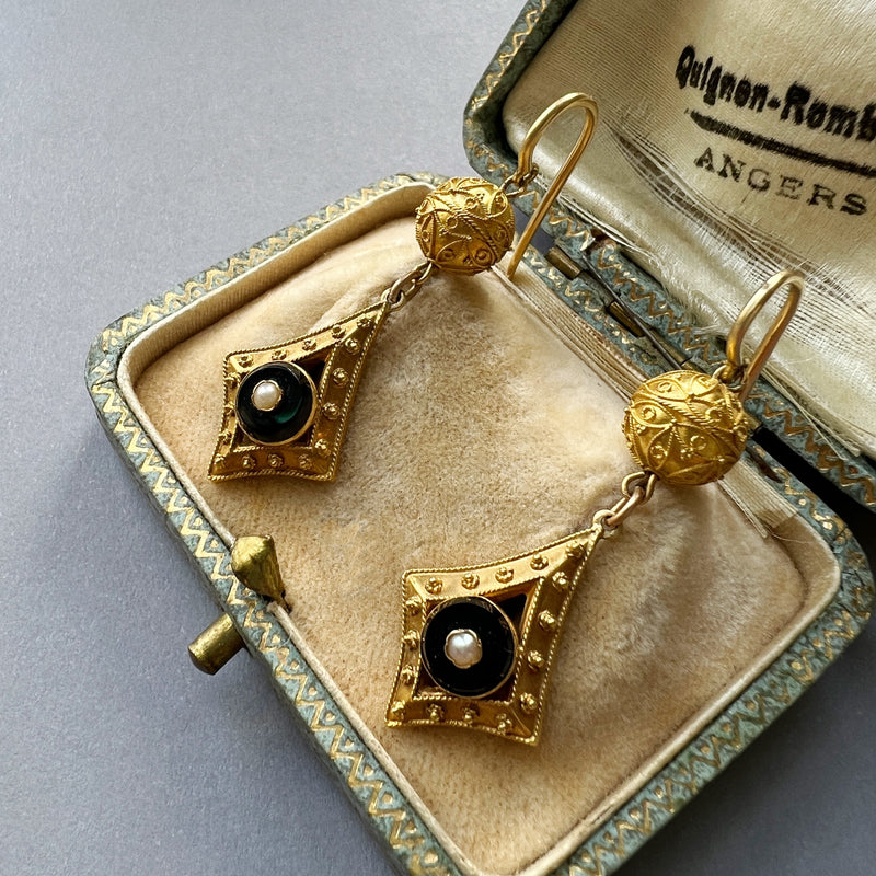 Victorian era 18K gold onyx pearl archaeological revival style drop earrings