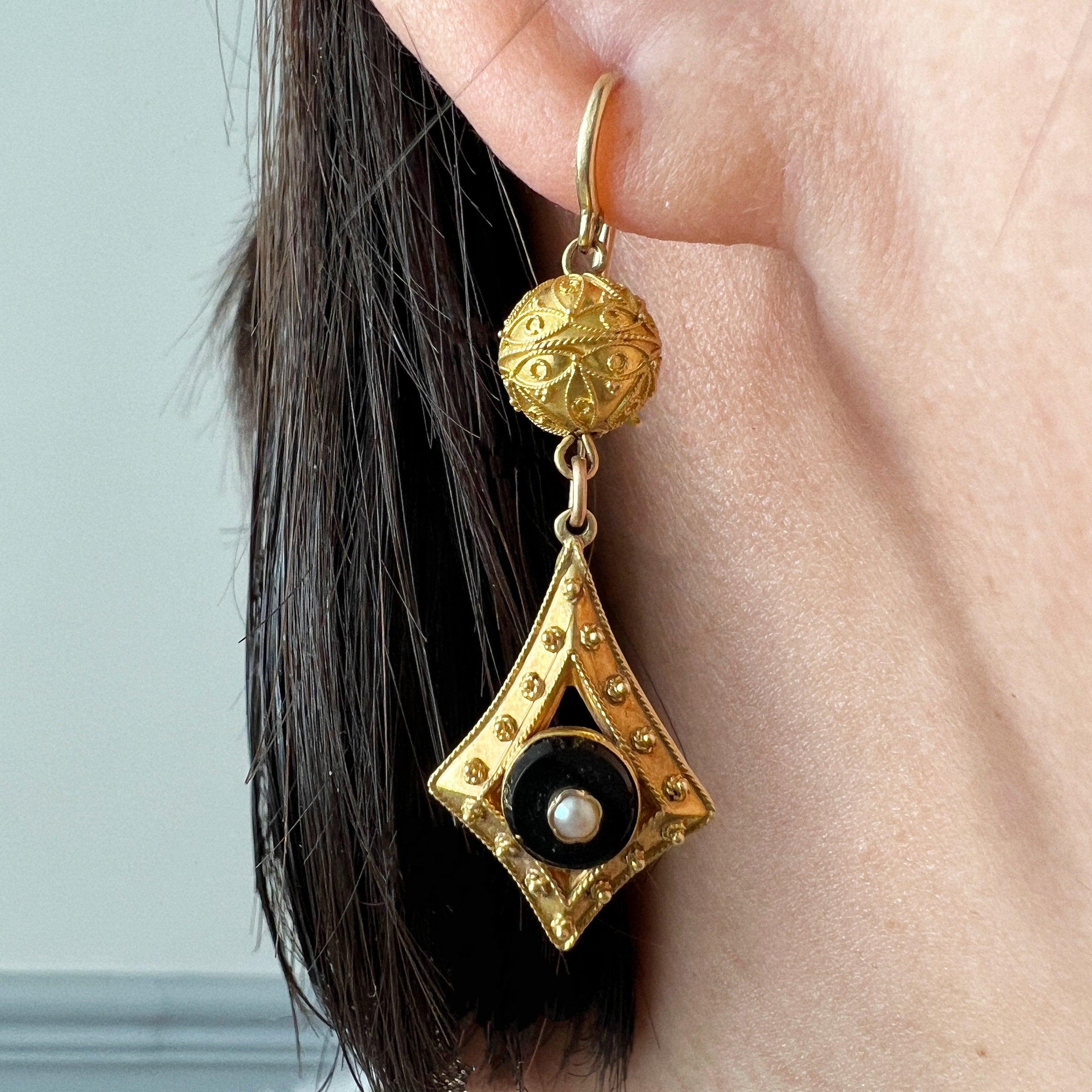 Victorian era 18K gold onyx pearl archaeological revival style drop earrings - Curiously timeless