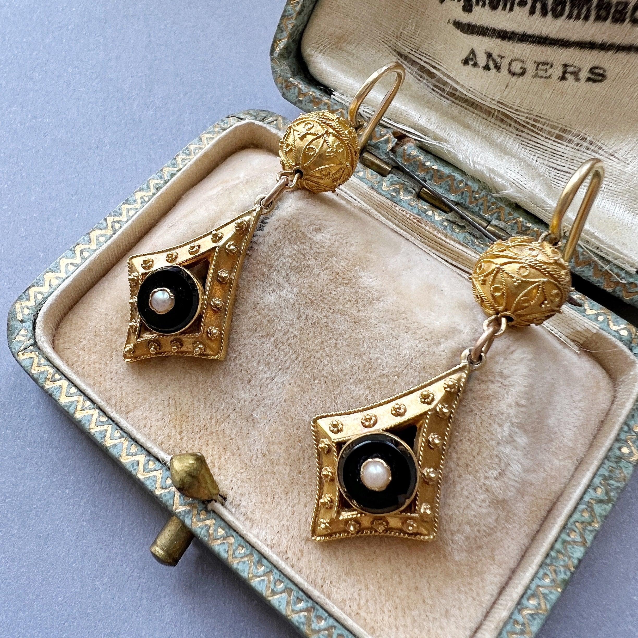 Victorian era 18K gold onyx pearl archaeological revival style drop earrings - Curiously timeless