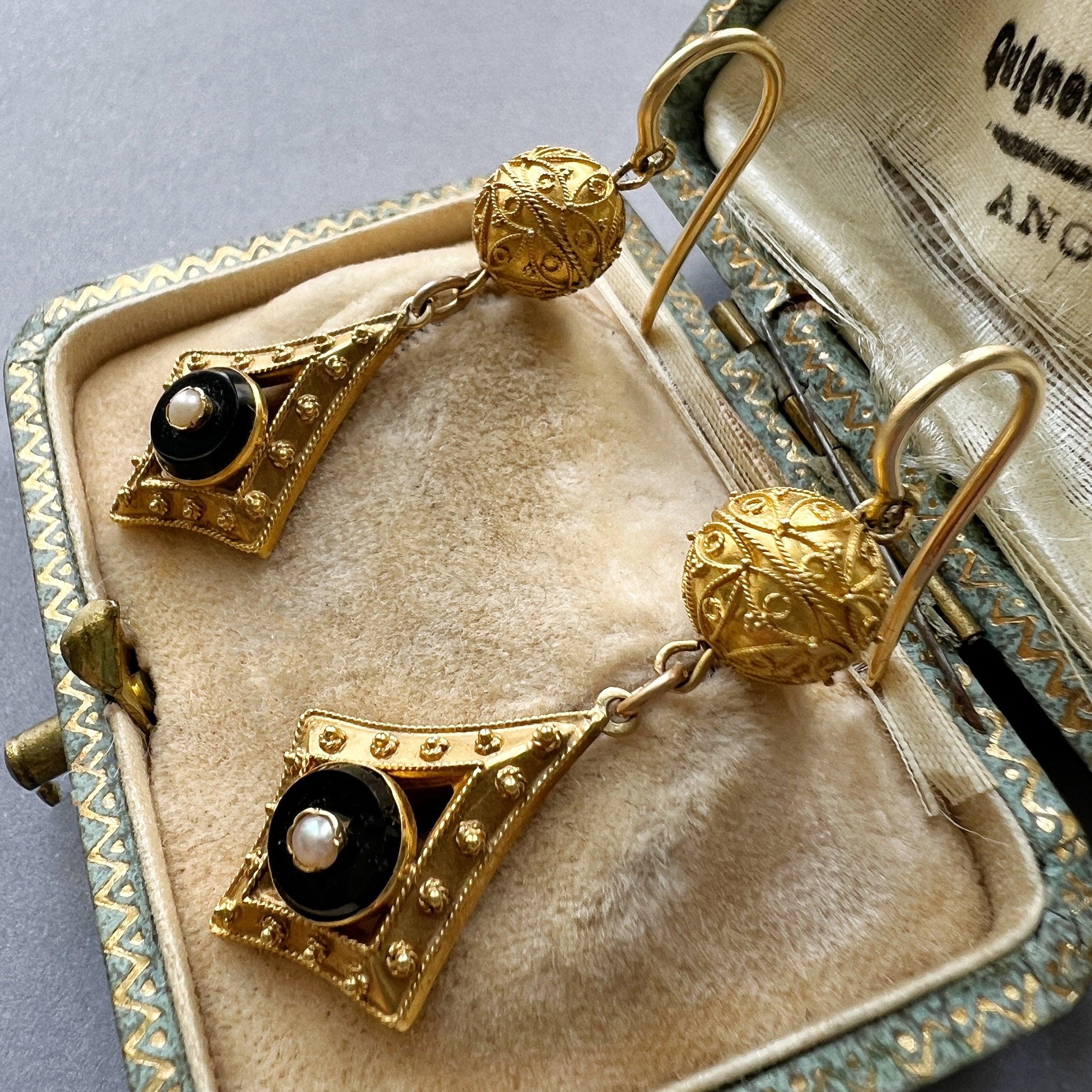 Victorian era 18K gold onyx pearl archaeological revival style drop earrings - Curiously timeless