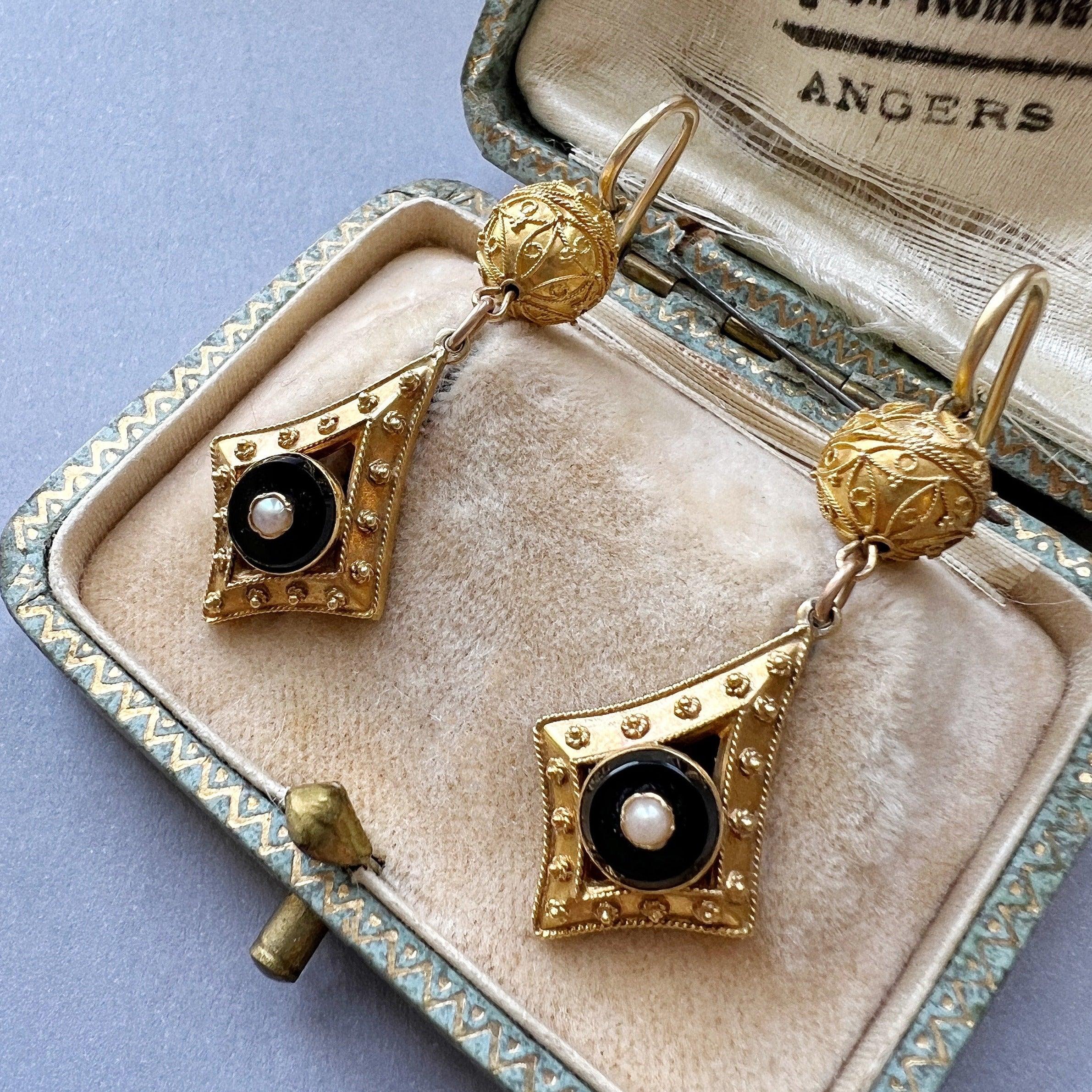 Victorian era 18K gold onyx pearl archaeological revival style drop earrings - Curiously timeless