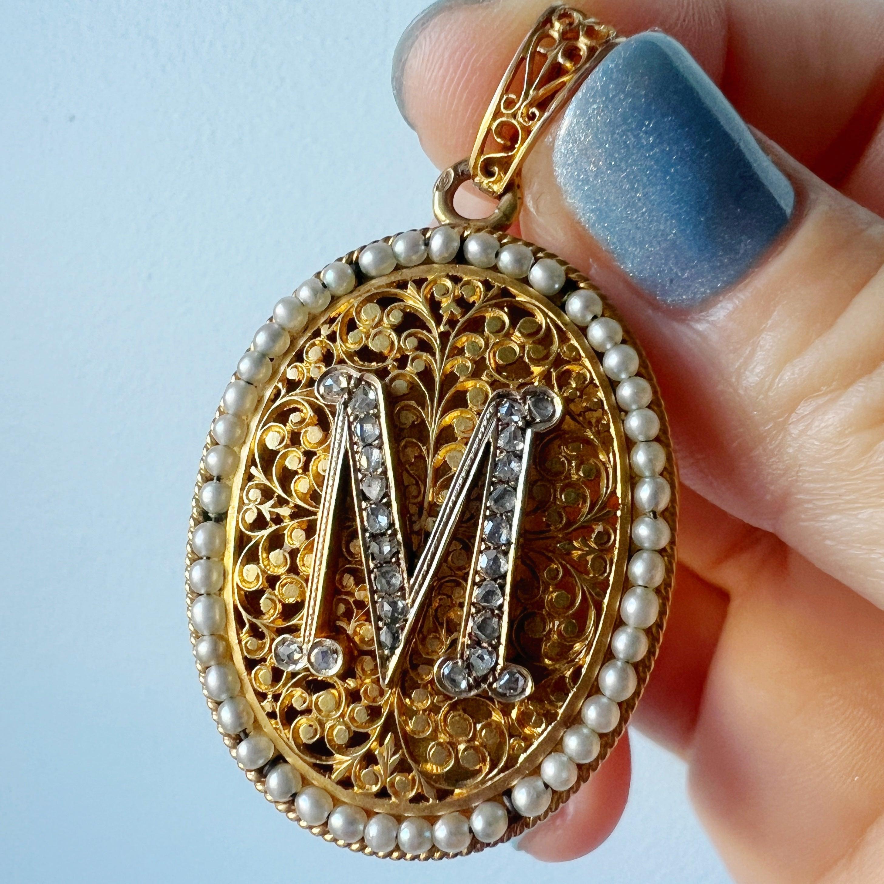 Victorian era 18K gold diamond natural pearl “M” locket pendant - Curiously timeless