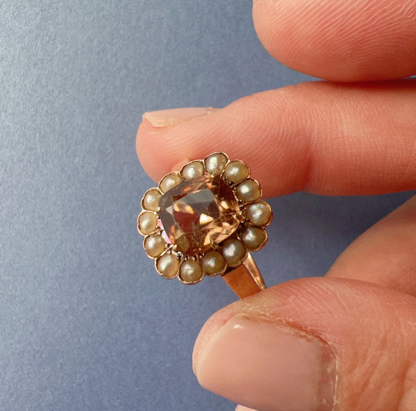 Antique LFG certified 18K gold natural zircon pearl Ring