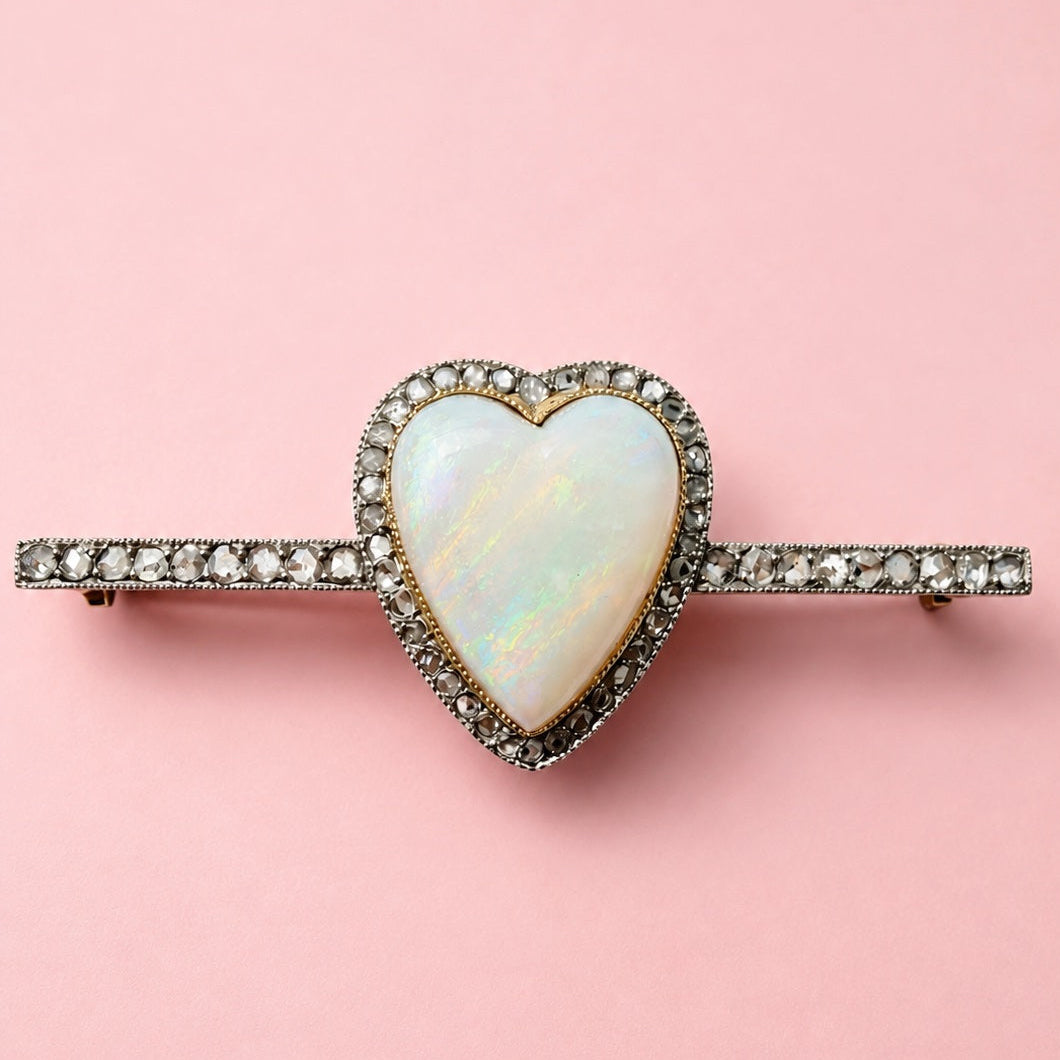 Victorian era 18K gold Opal Heart & Diamond Brooch