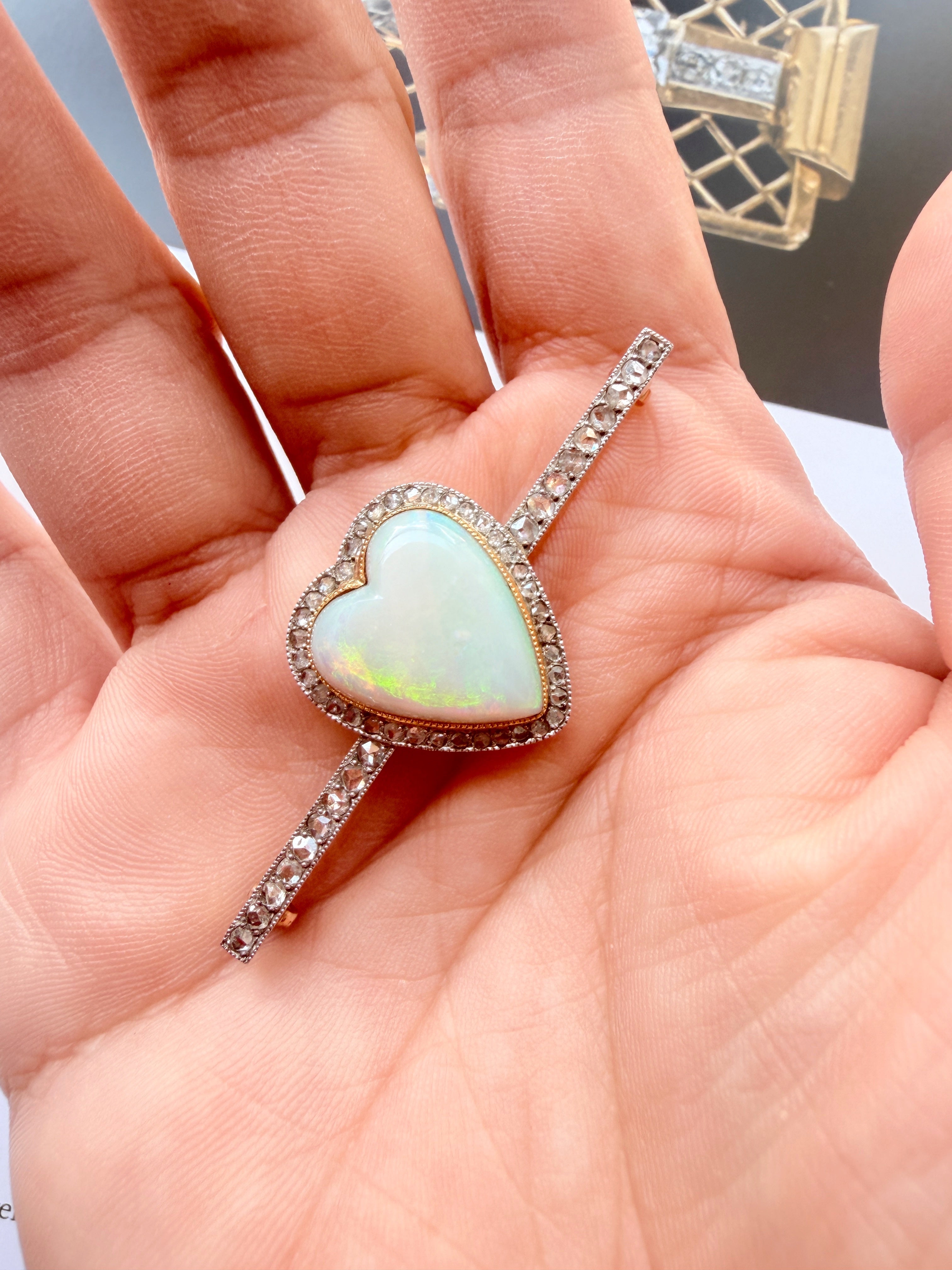 Victorian era 18K gold Opal Heart & Diamond Brooch