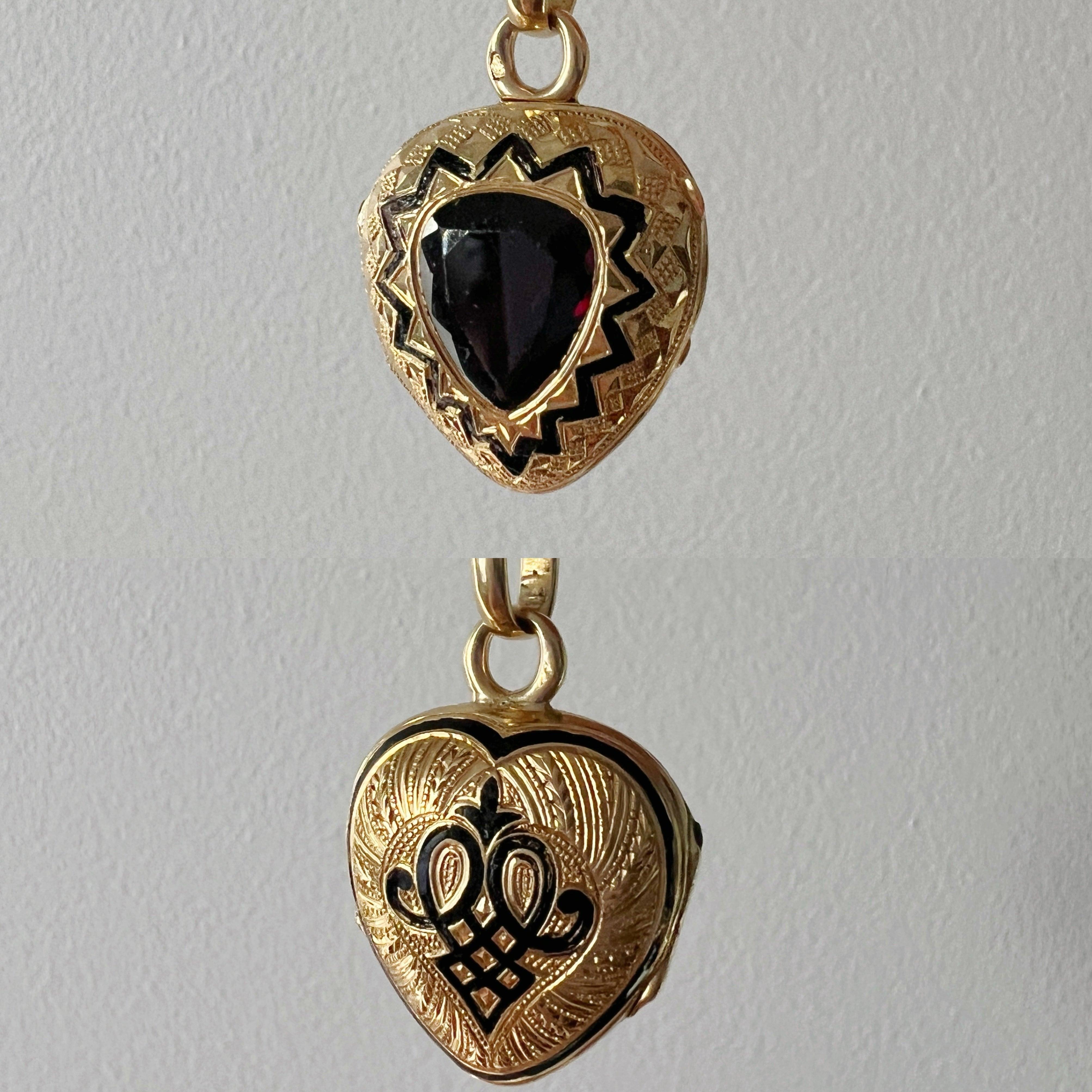 Victorian 18K garnet black enamel heart shaped locket pendant - Curiously timeless