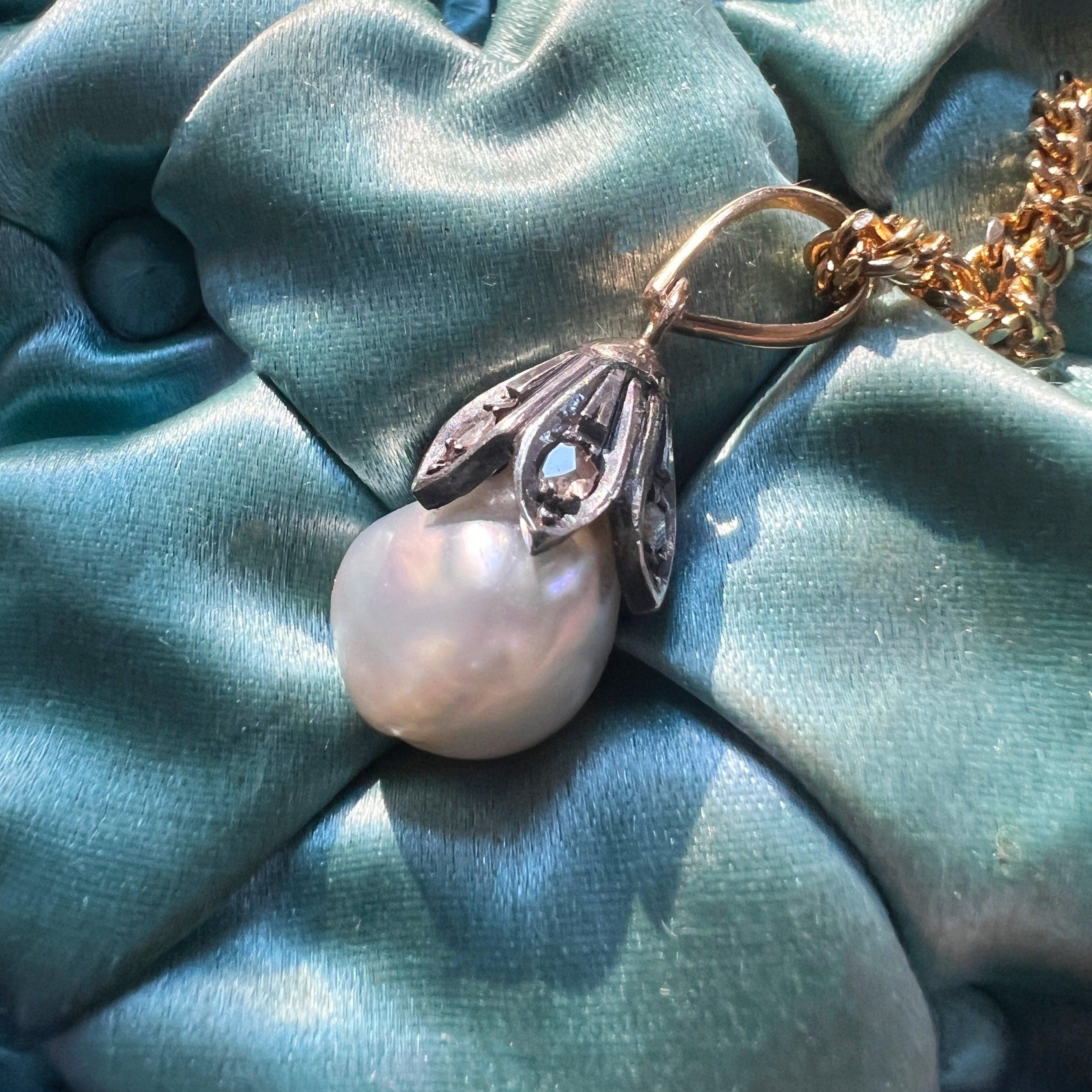 Antique 18K gold baroque pearl rose cut diamond pendant - Curiously timeless