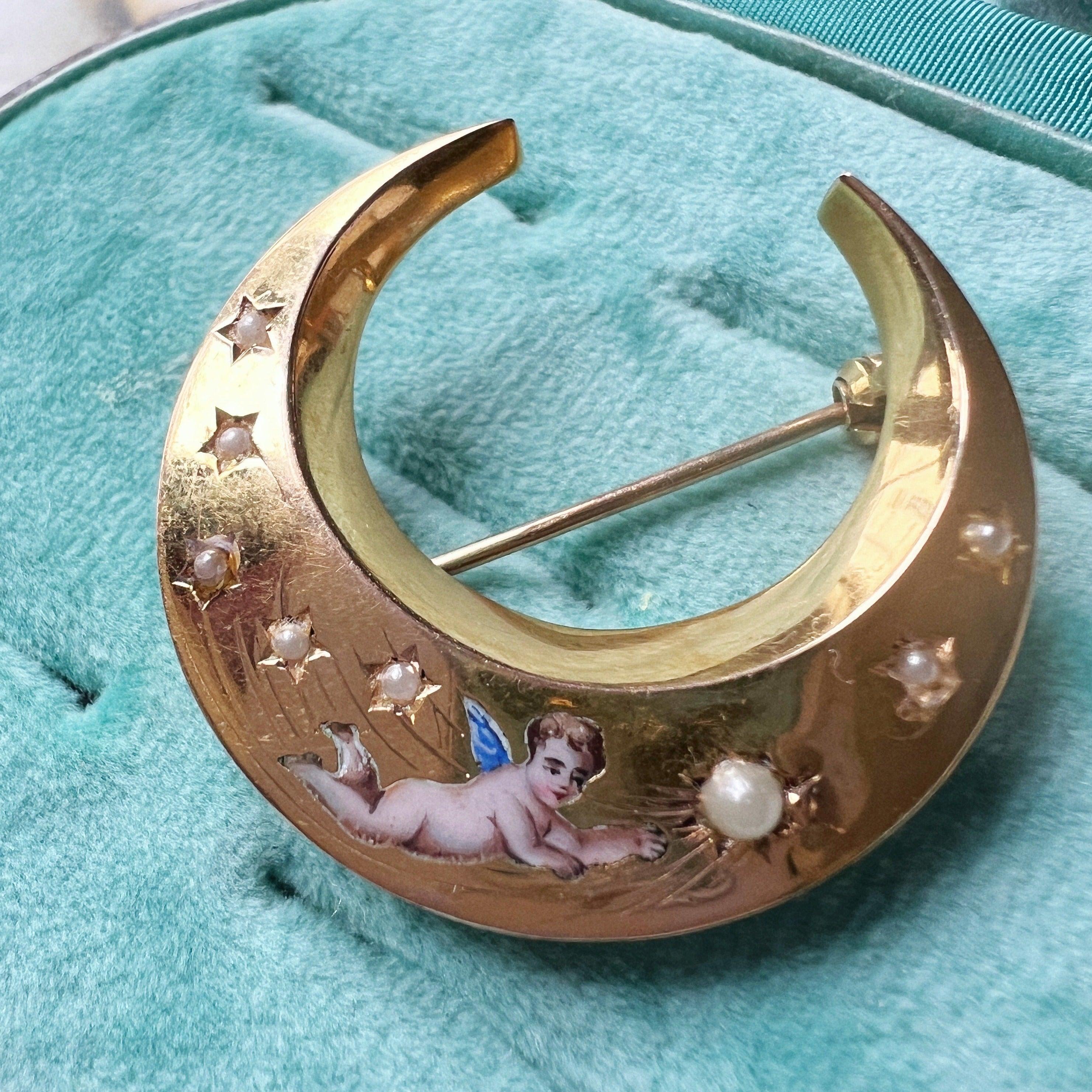 Victorian 18K gold enamel angel crescent shooting star brooch - Curiously timeless