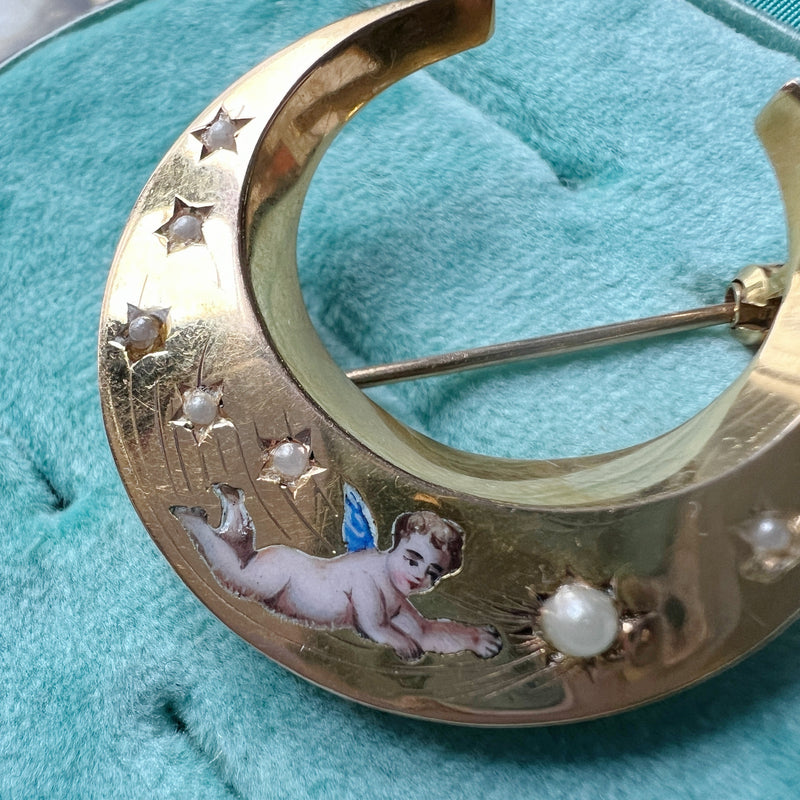 Victorian 18K gold enamel angel crescent shooting star brooch