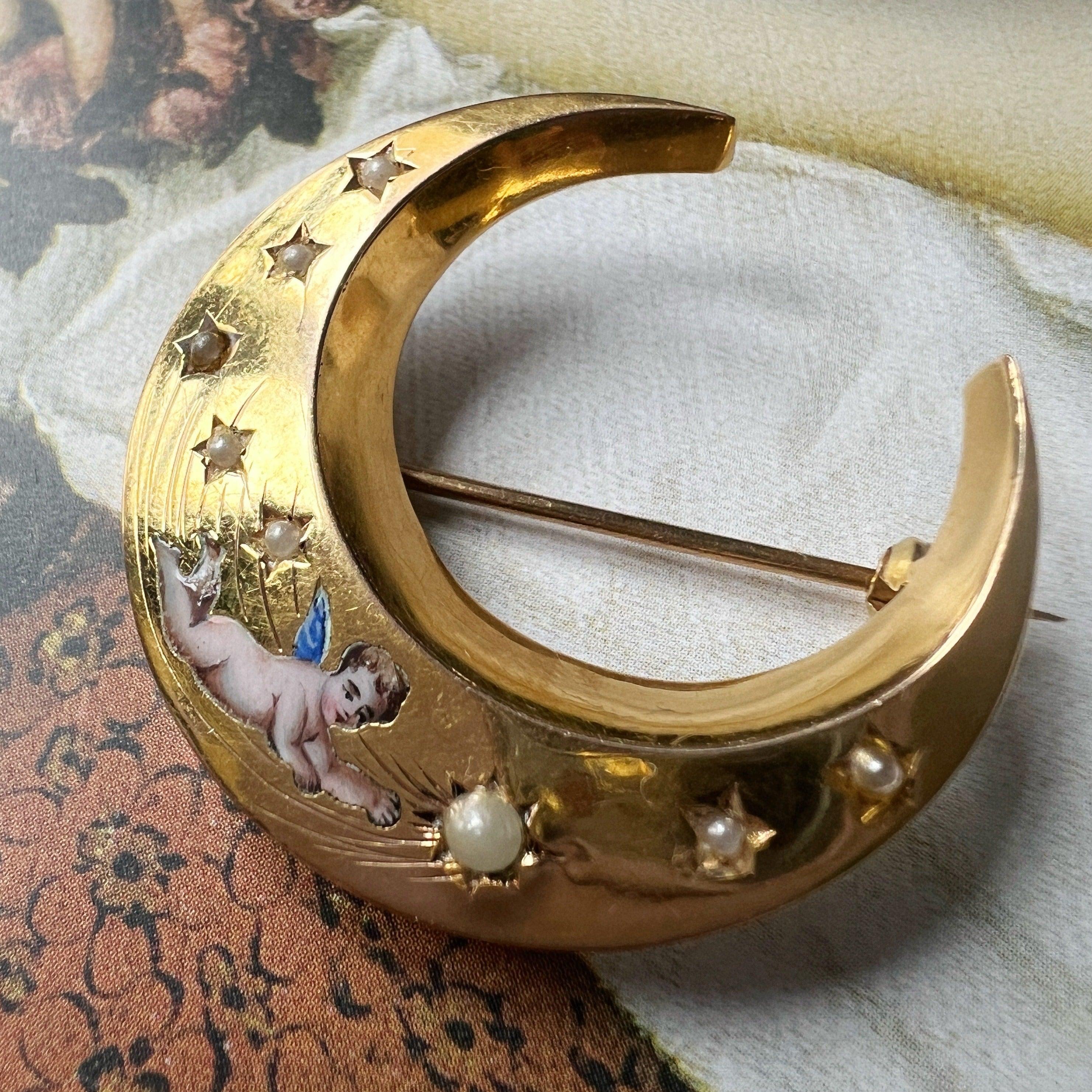 Victorian 18K gold enamel angel crescent shooting star brooch - Curiously timeless