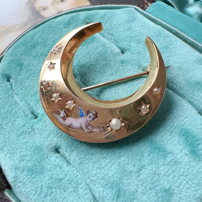 Victorian 18K gold enamel angel crescent shooting star brooch