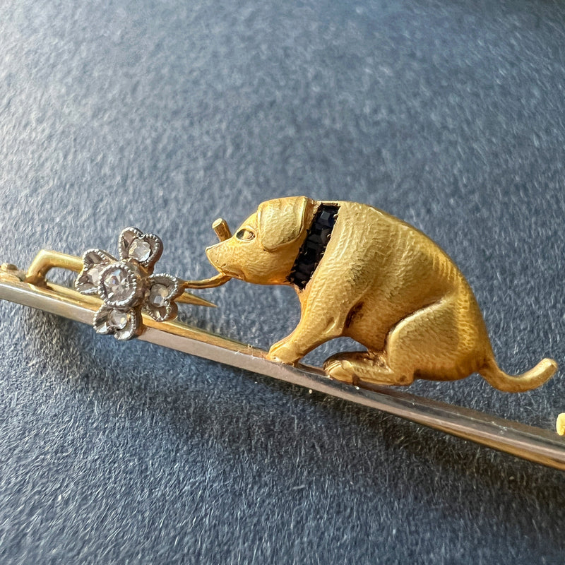 Antique 18K gold piggy clover diamond sapphire brooch