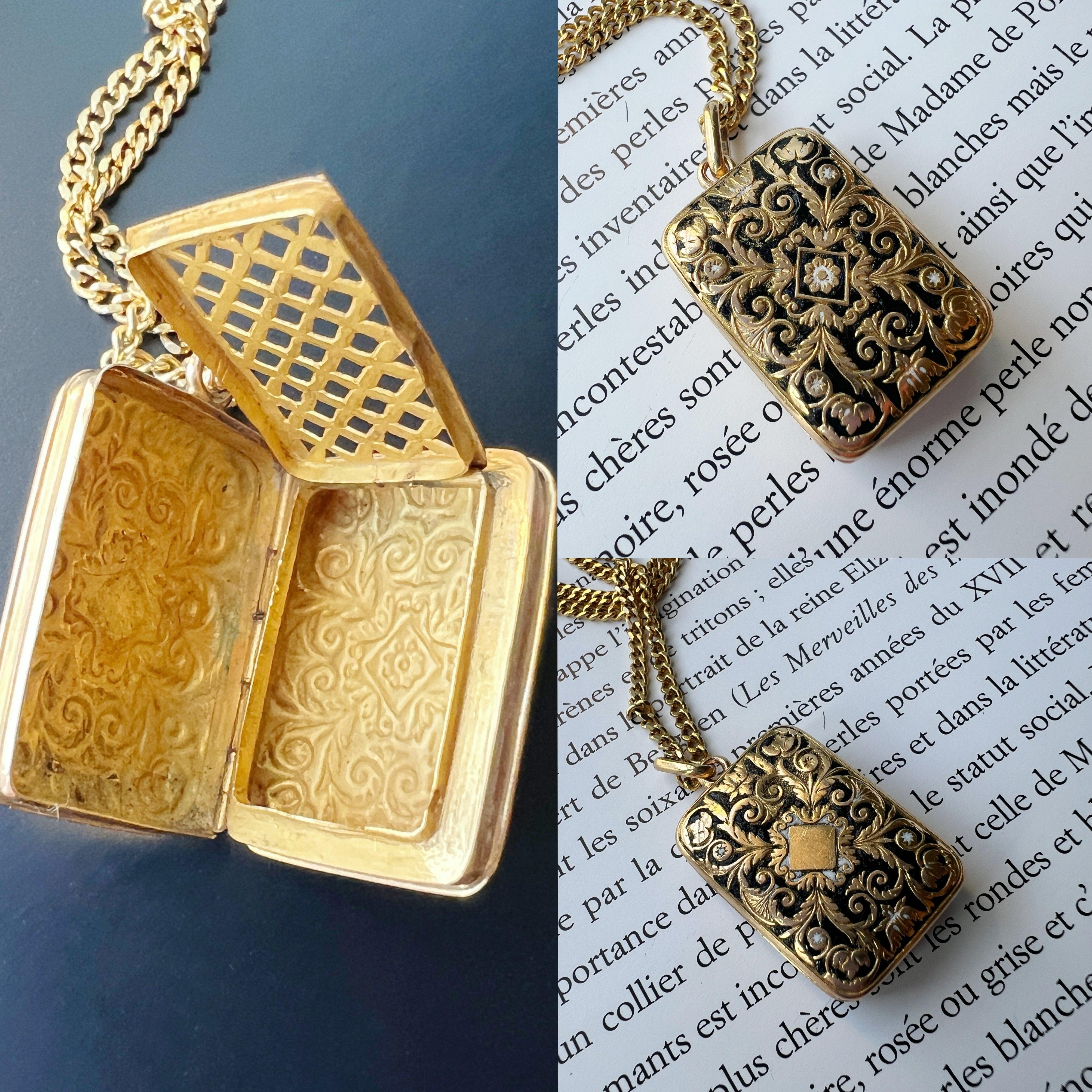 Georgian era 18K gold double sided black enamel perfume box pendant - Curiously timeless