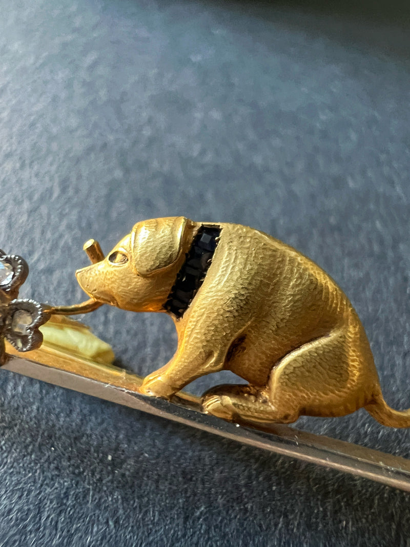 Antique 18K gold piggy clover diamond sapphire brooch