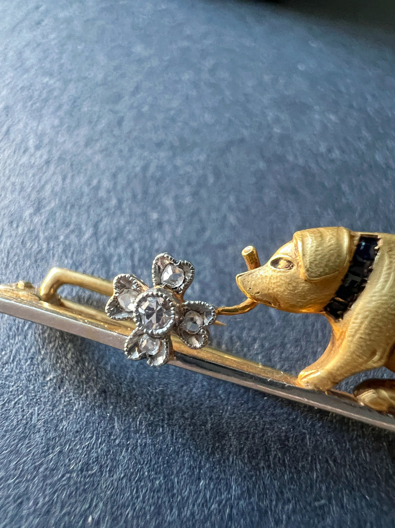 Antique 18K gold piggy clover diamond sapphire brooch