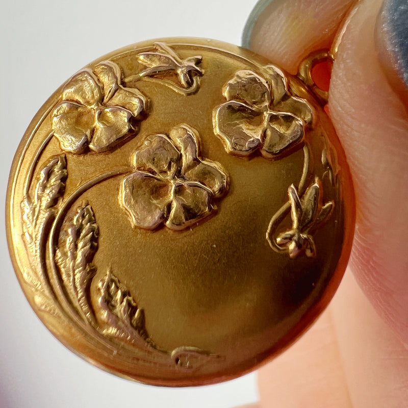 Victorian era 18K gold pansy flower double sided pendant