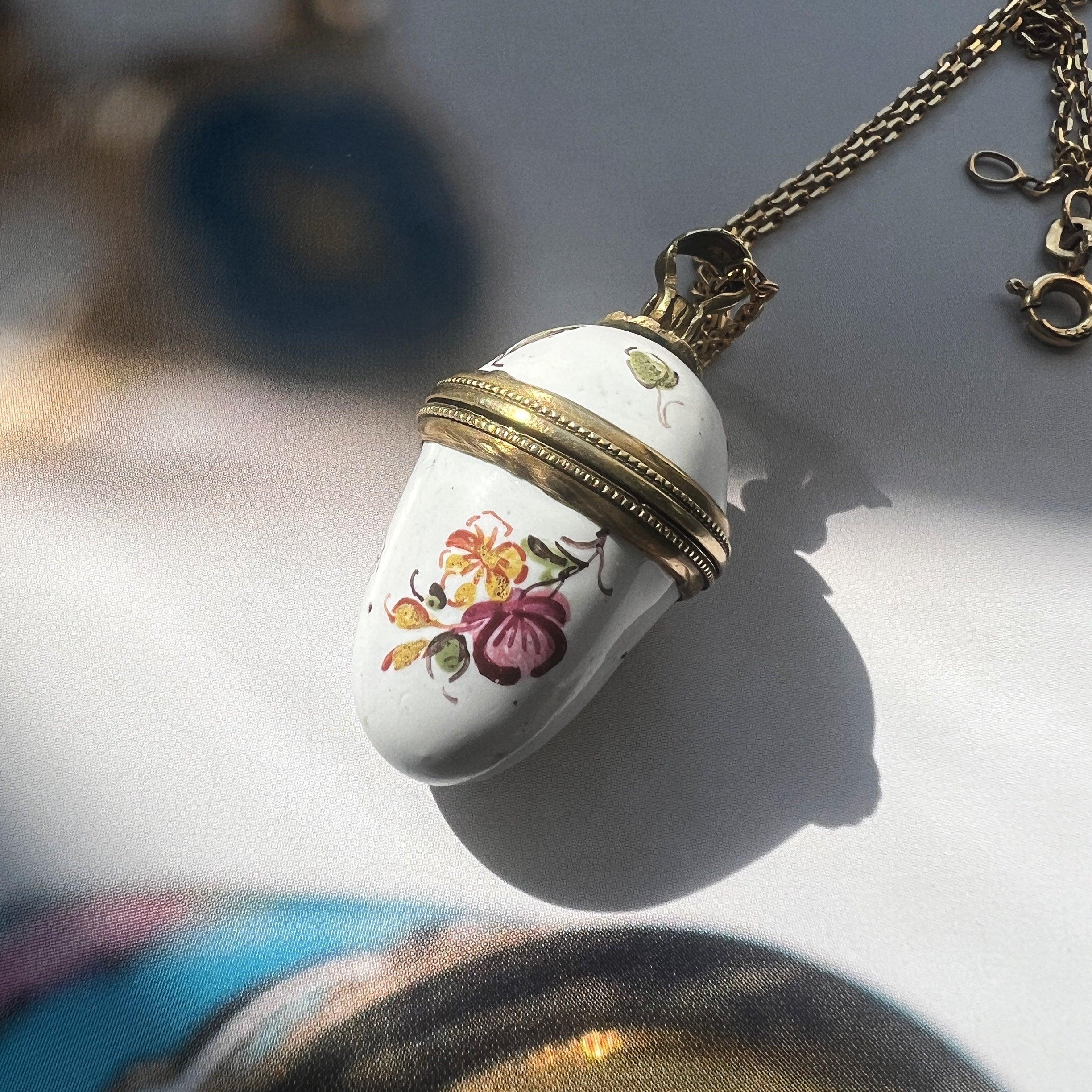 Rare Georgian era enamel flower egg salt bottle locket pendant - Curiously timeless