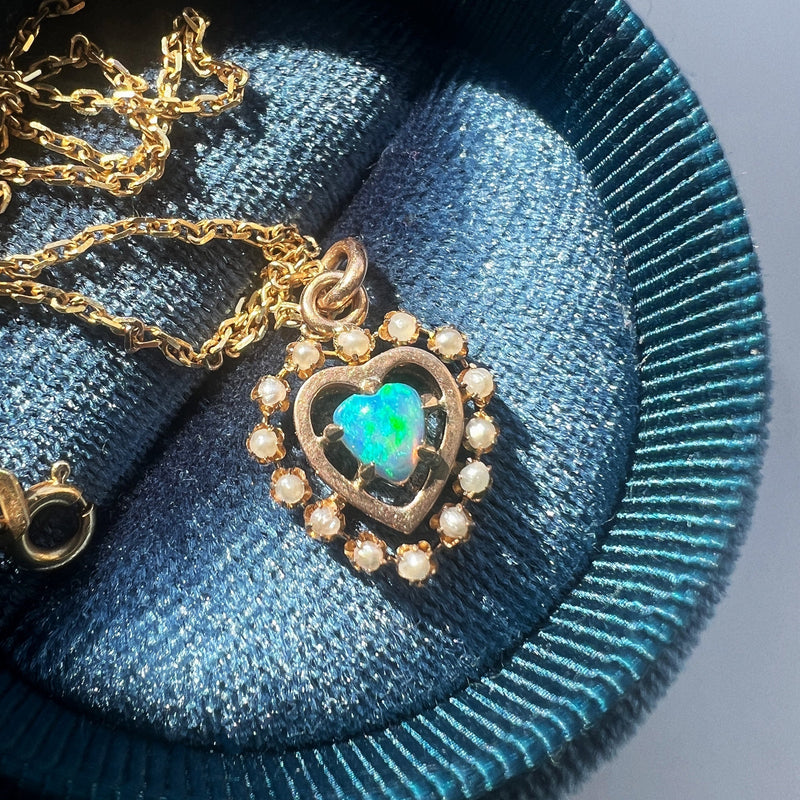 Antique 14K gold opal heart seed pearl pendant