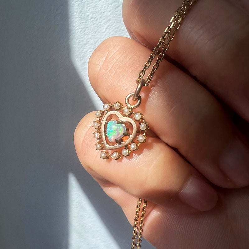 Antique 14K gold opal heart seed pearl pendant