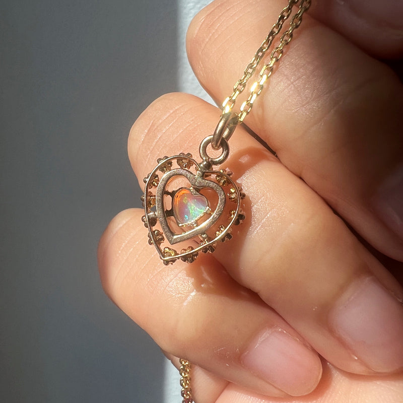 Antique 14K gold opal heart seed pearl pendant