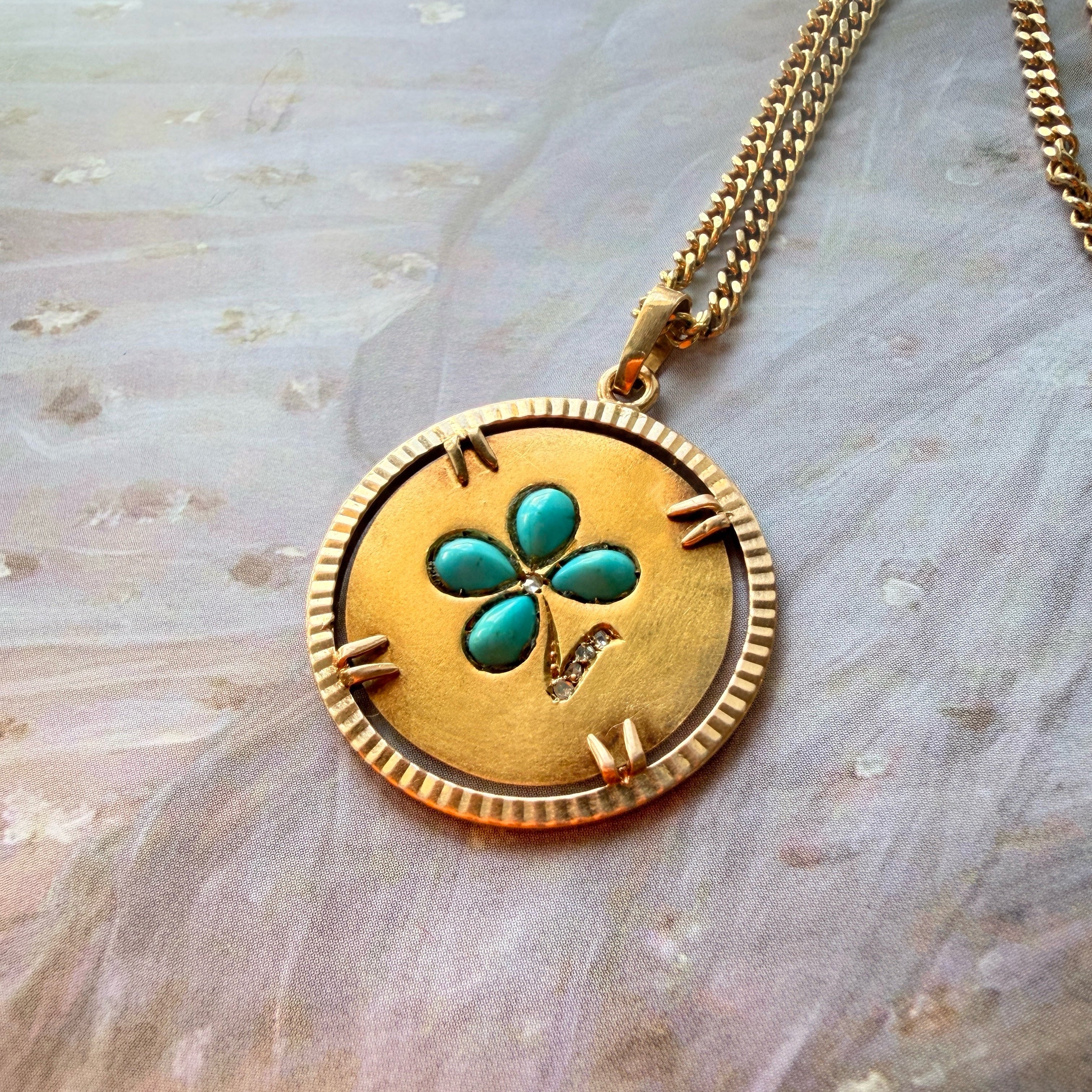 18K yellow gold blue turquoise diamond clover pendant