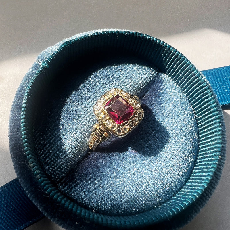 Victorian era 18K gold garnet rose cut diamond cluster ring