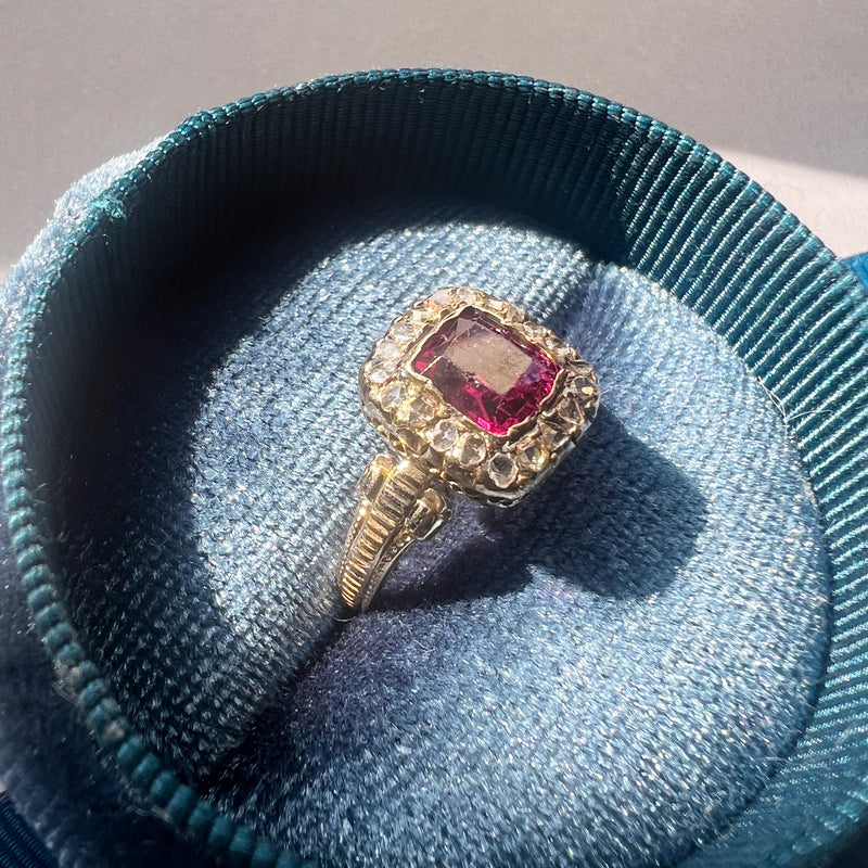 Victorian era 18K gold garnet rose cut diamond cluster ring