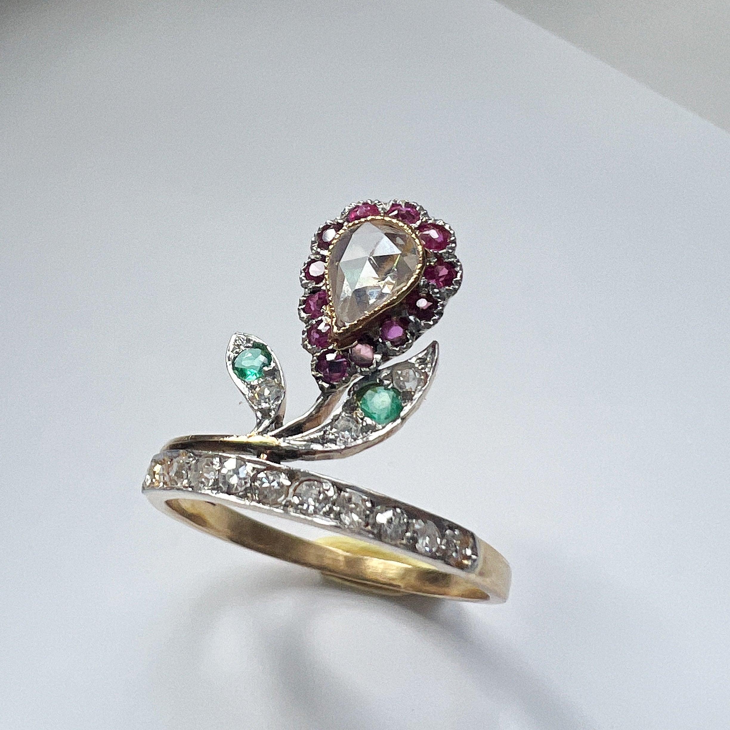 Antique 18K gold diamond ruby emerald flower ring - Curiously timeless