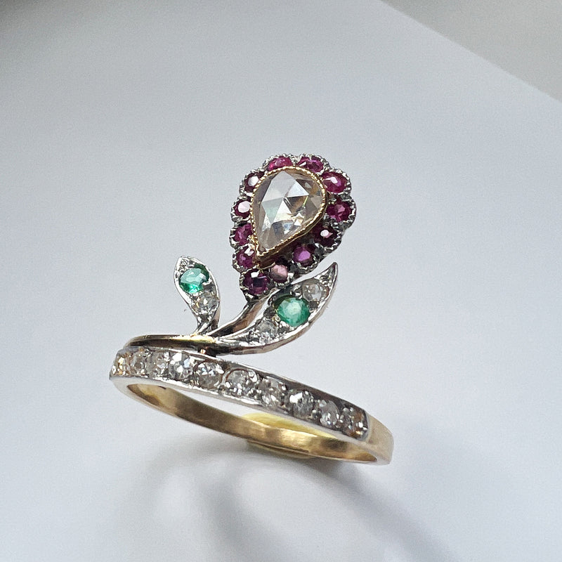 Antique 18K gold diamond ruby emerald flower ring