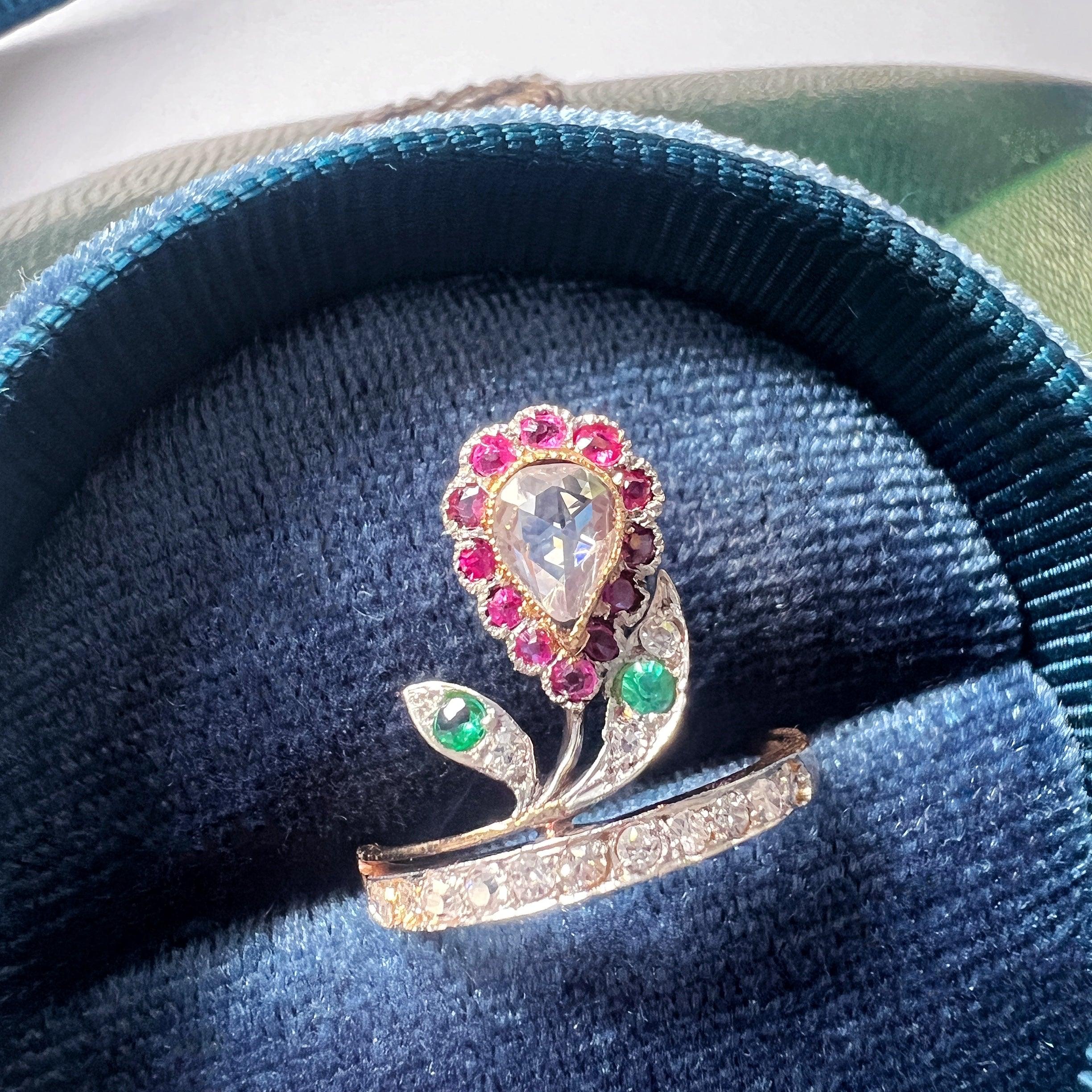 Antique 18K gold diamond ruby emerald flower ring - Curiously timeless