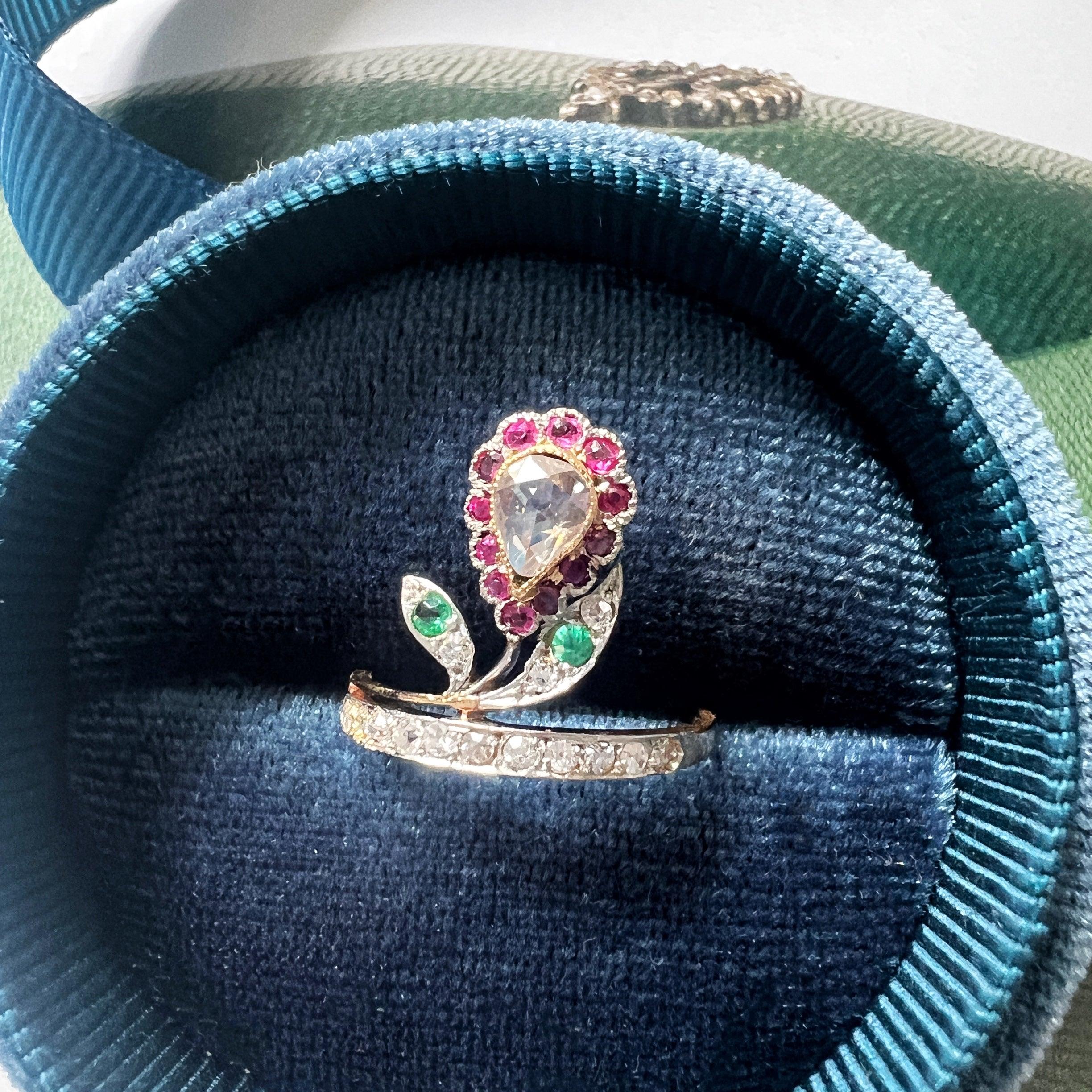 Antique 18K gold diamond ruby emerald flower ring - Curiously timeless