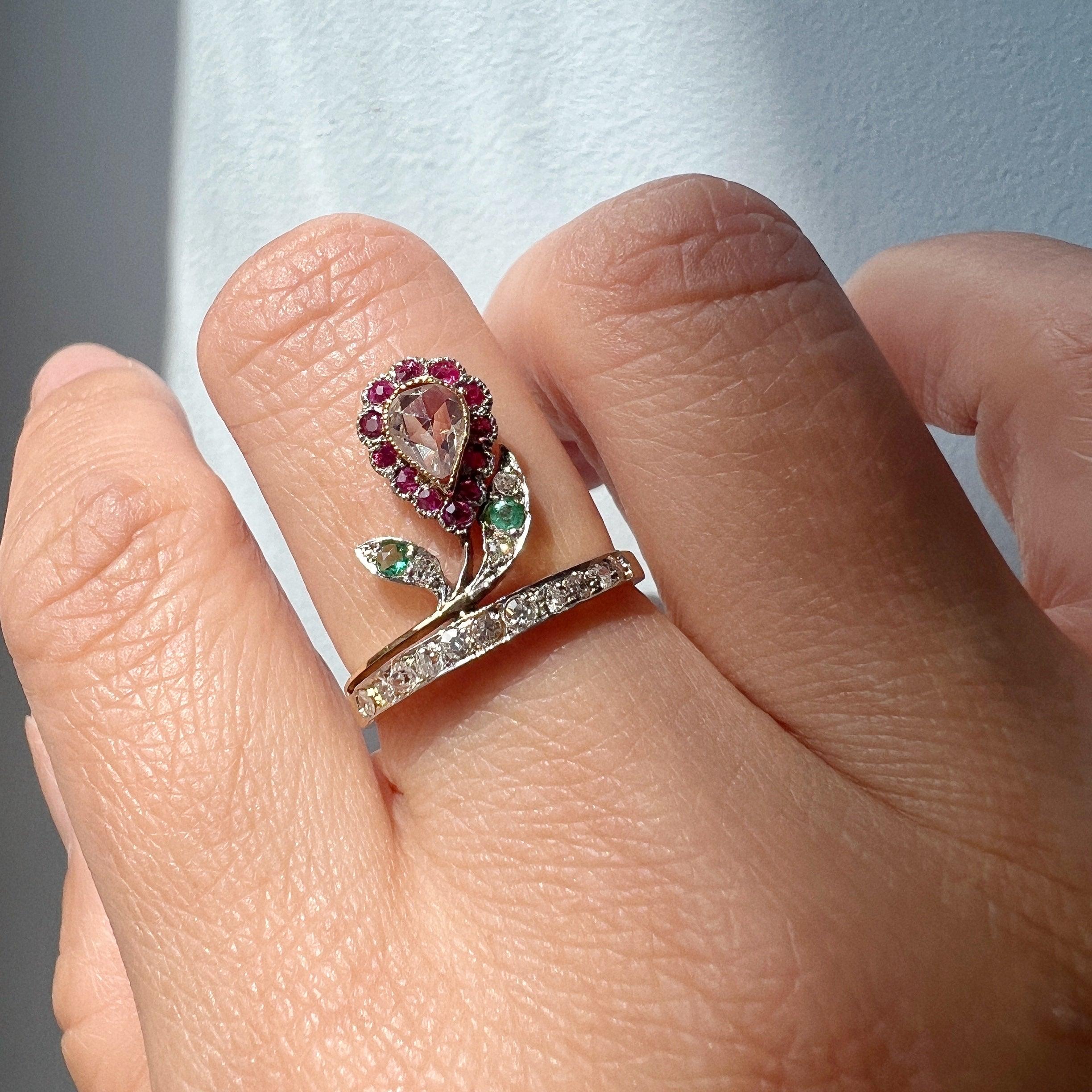 Antique 18K gold diamond ruby emerald flower ring - Curiously timeless