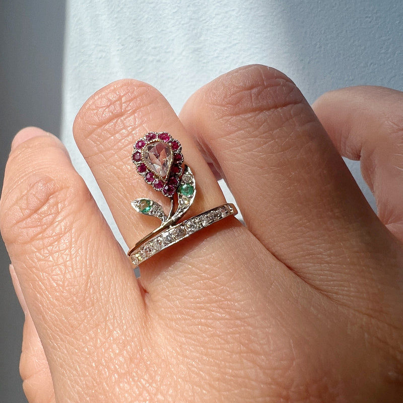 Antique 18K gold diamond ruby emerald flower ring