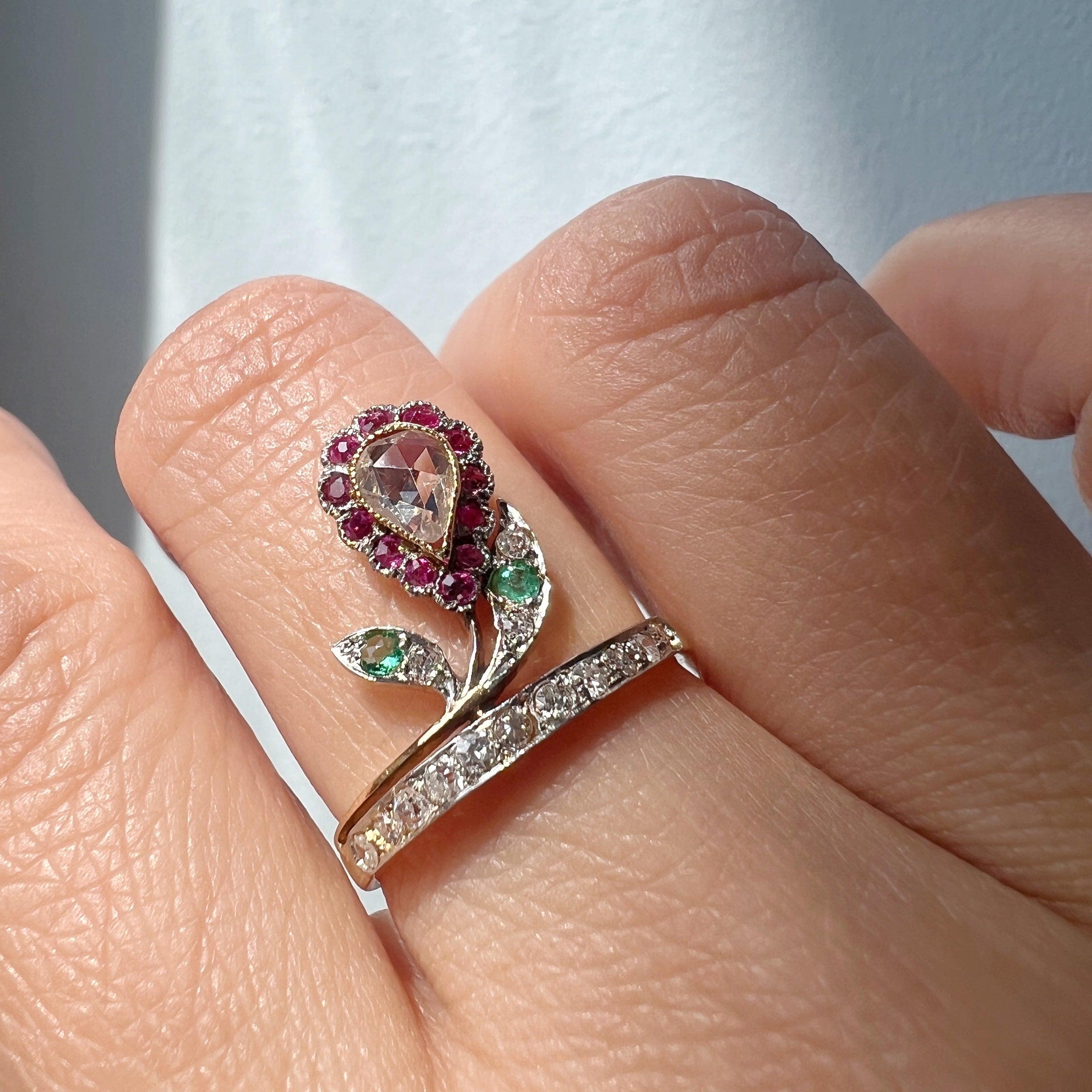 Antique 18K gold diamond ruby emerald flower ring - Curiously timeless