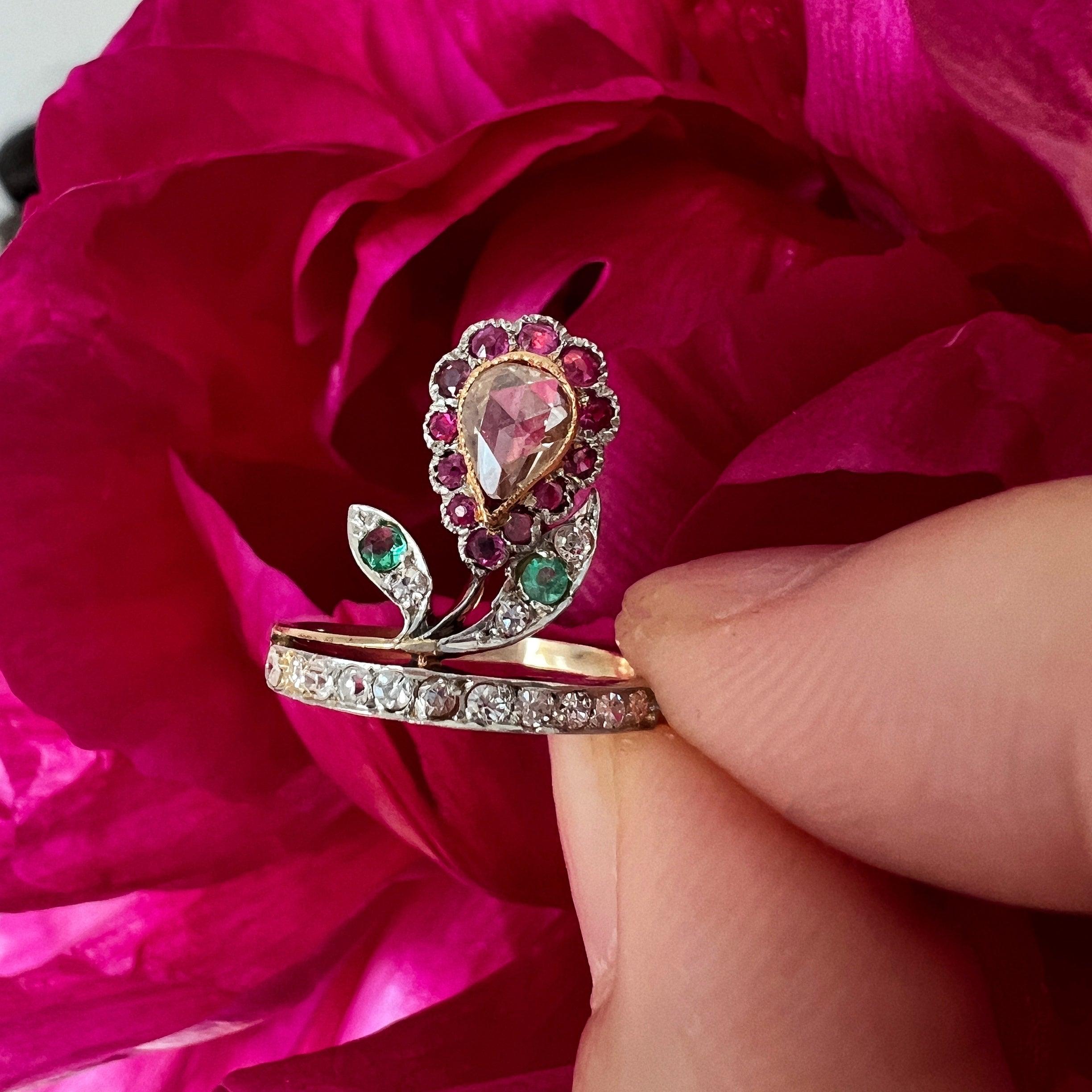 Antique 18K gold diamond ruby emerald flower ring - Curiously timeless