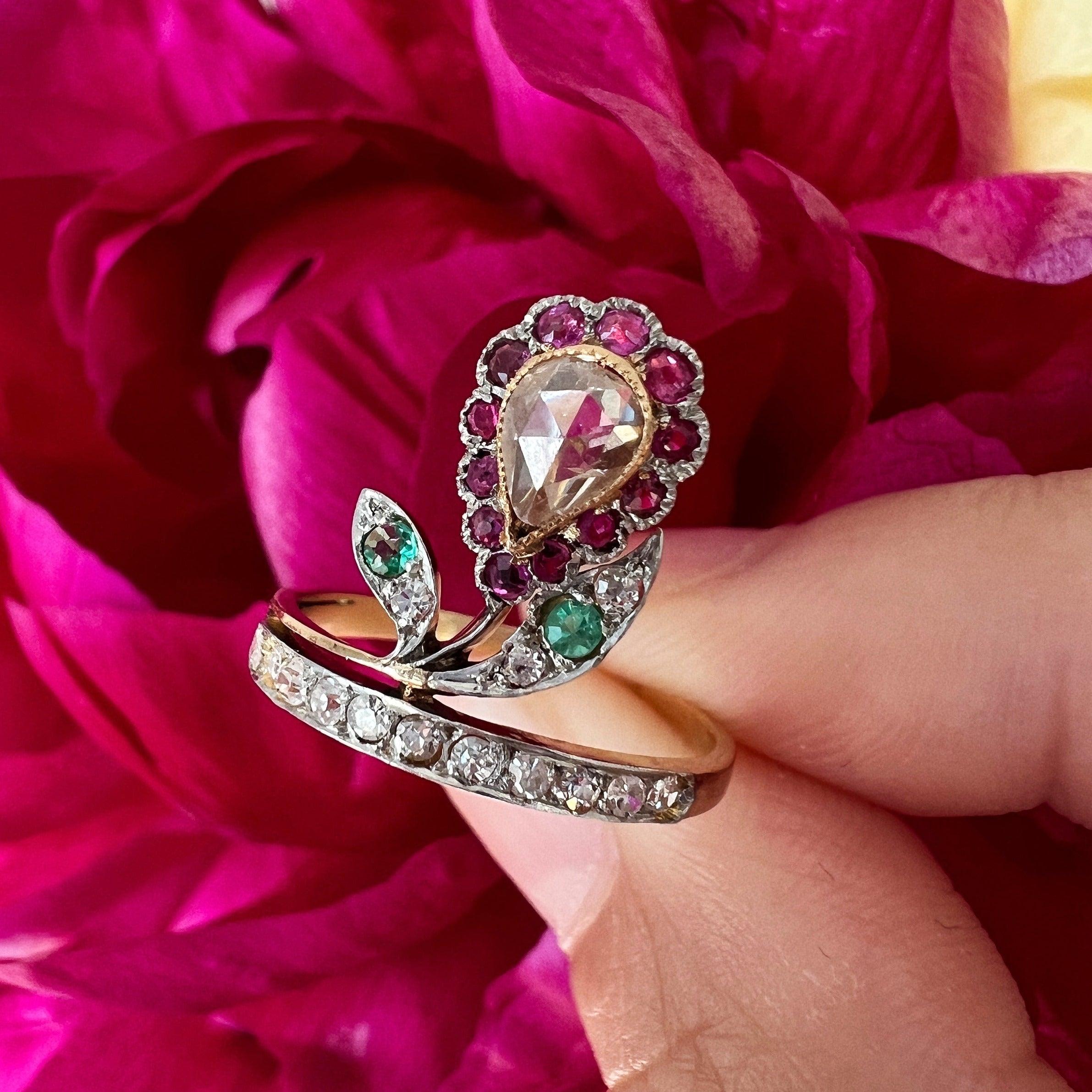 Antique 18K gold diamond ruby emerald flower ring - Curiously timeless