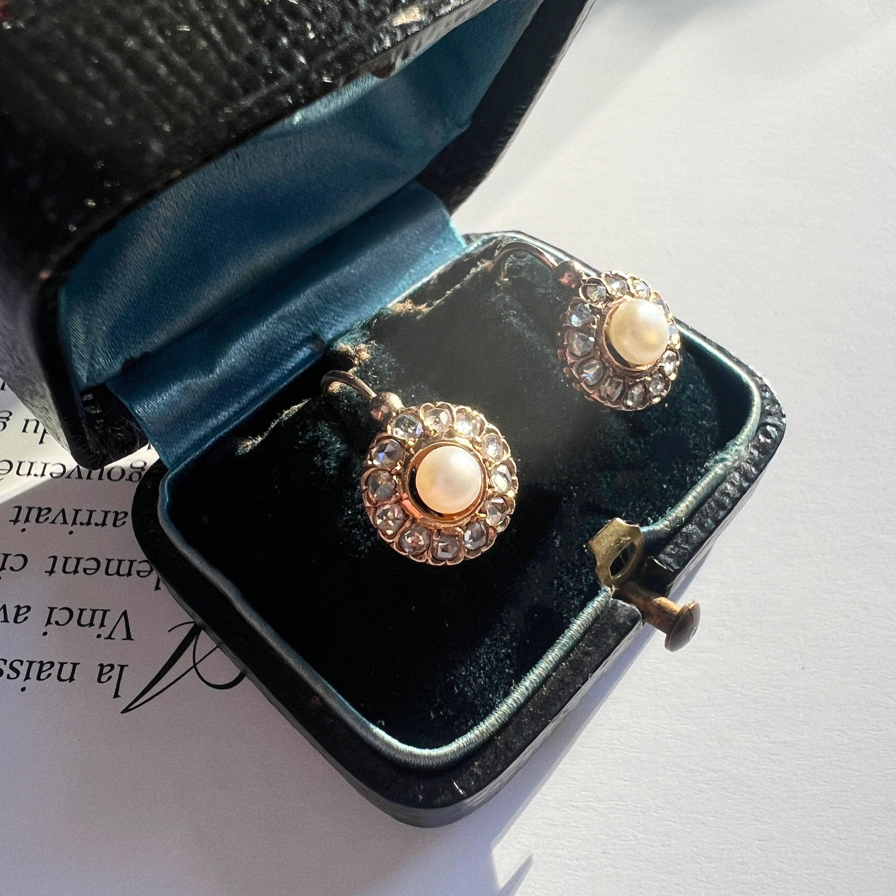 Victorian era boxed 18K gold diamond pearl earrings - Curiously timeless