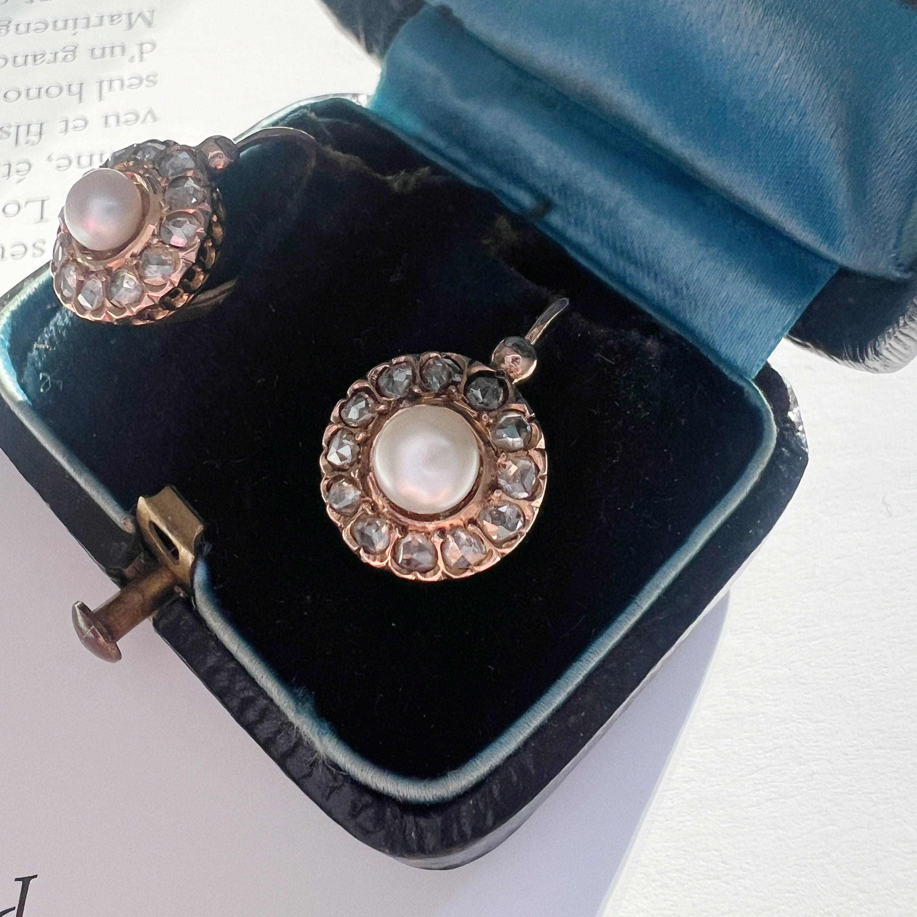 Victorian era boxed 18K gold diamond pearl earrings - Curiously timeless