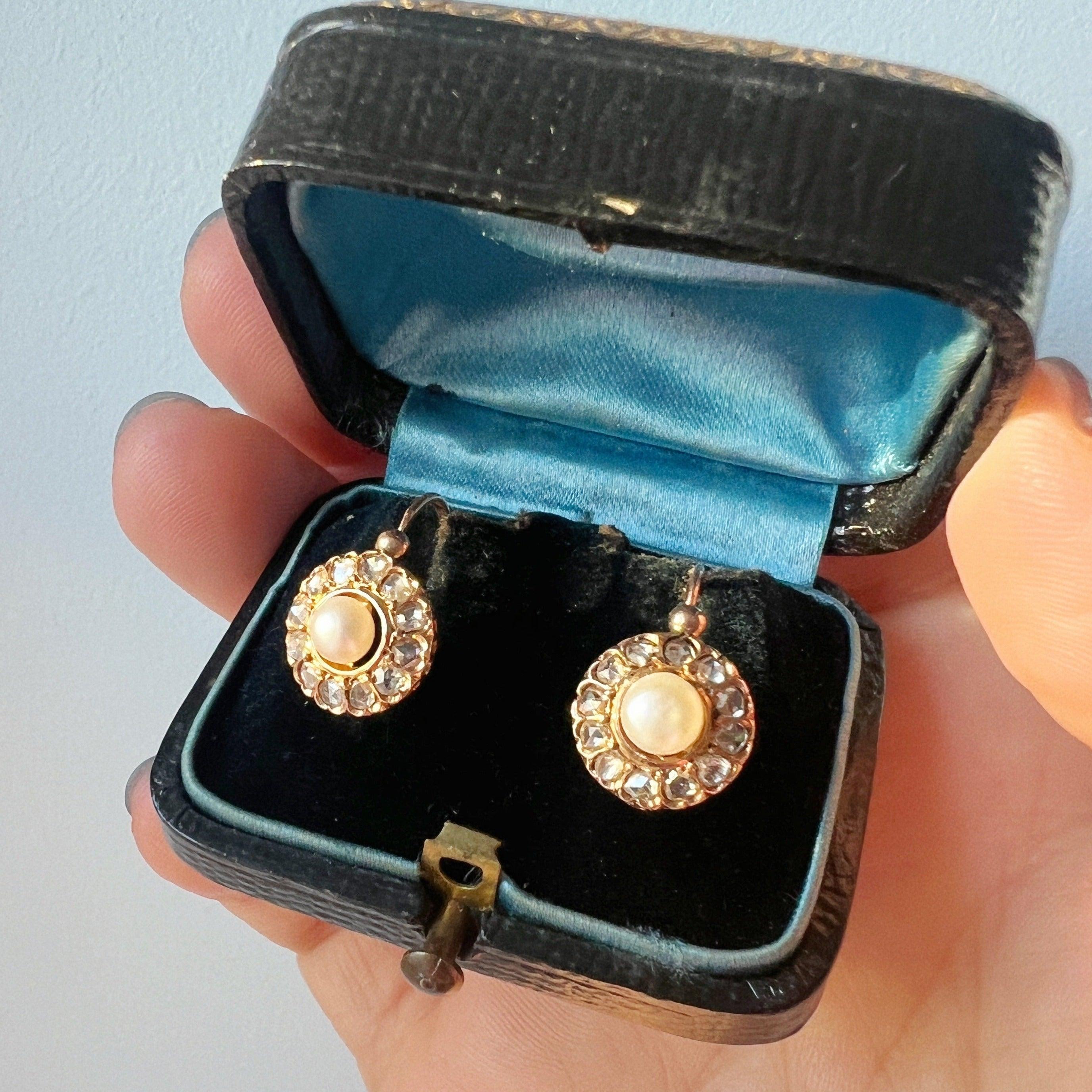 Victorian era boxed 18K gold diamond pearl earrings - Curiously timeless