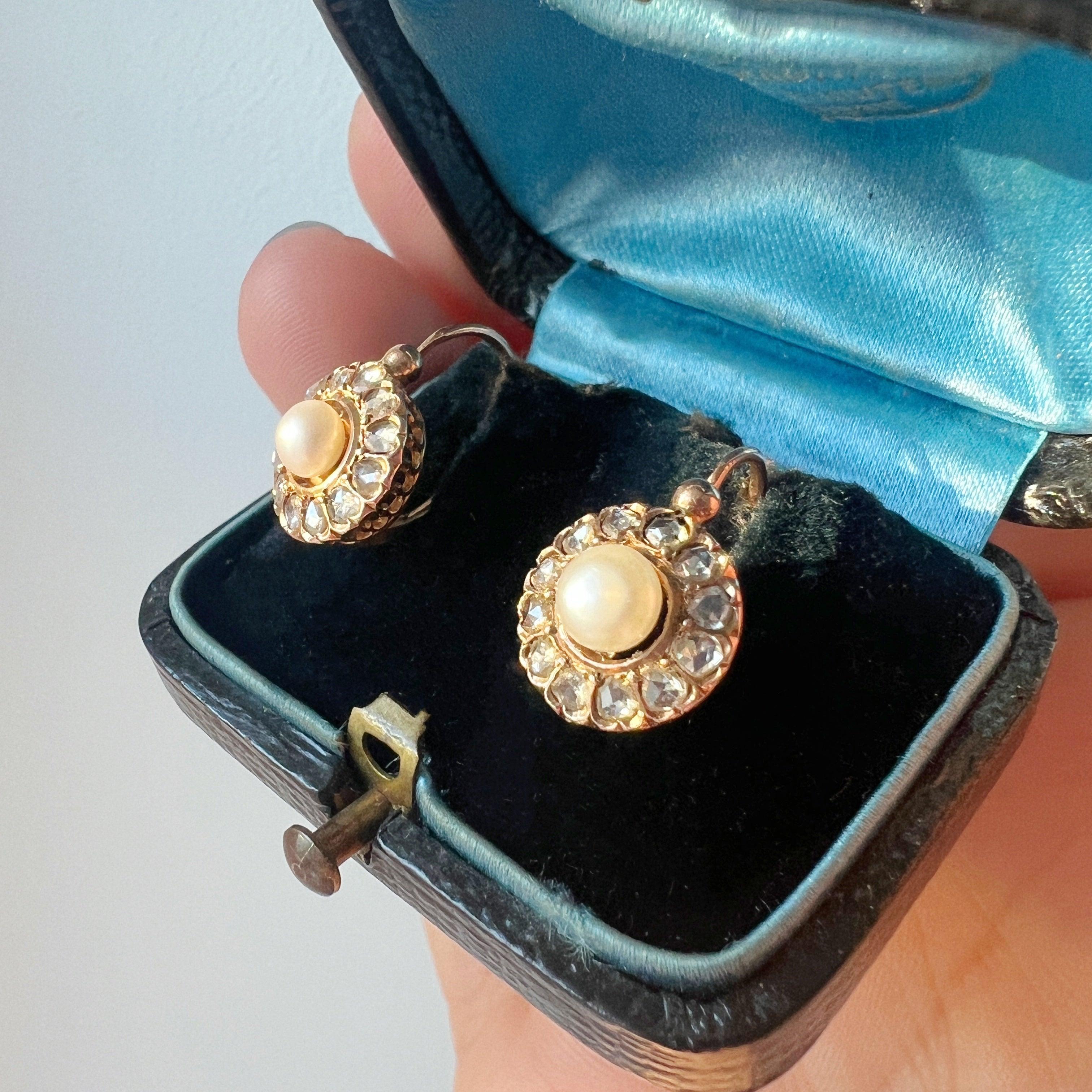 Victorian era boxed 18K gold diamond pearl earrings - Curiously timeless