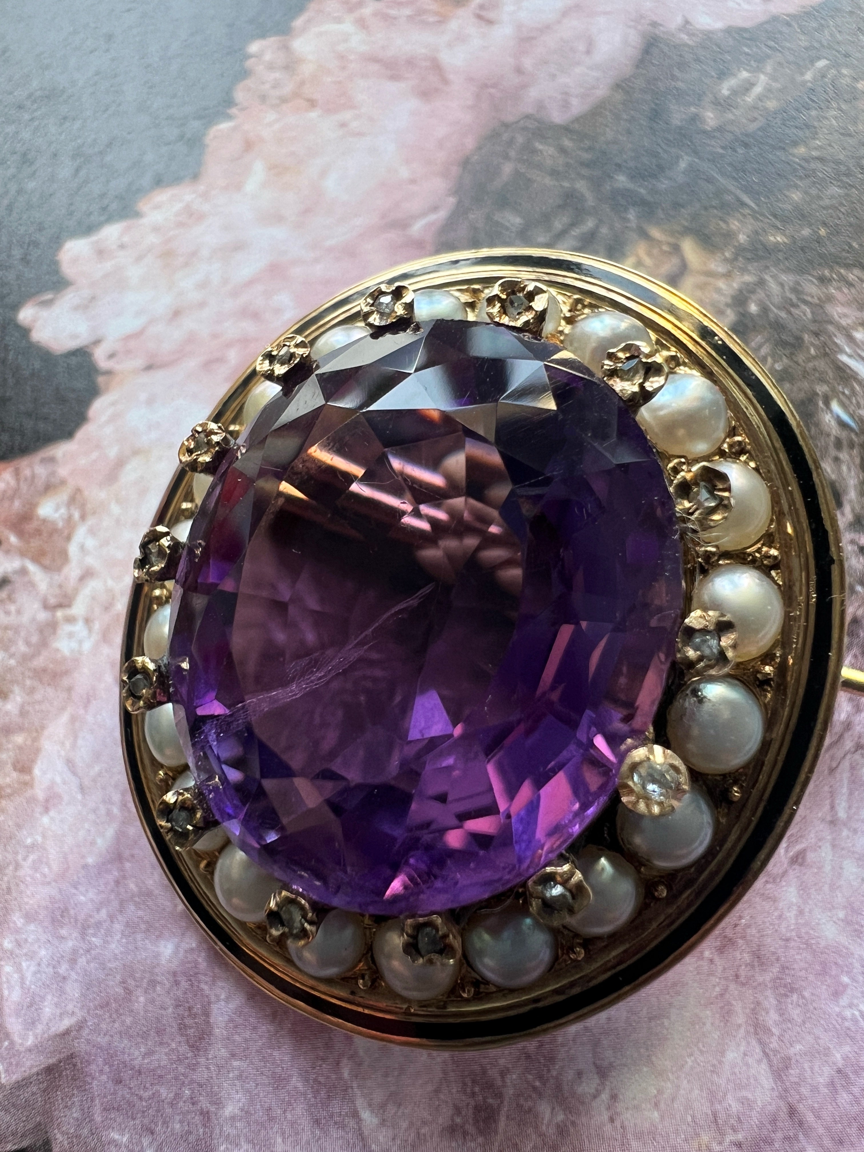 Victorian era 18K gold amethyst diamond natural pearl brooch