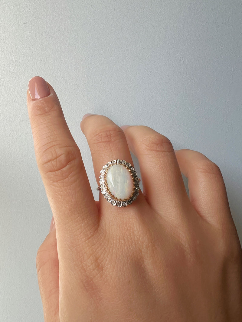 Large 18K gold opal diamond halo cocktail ring