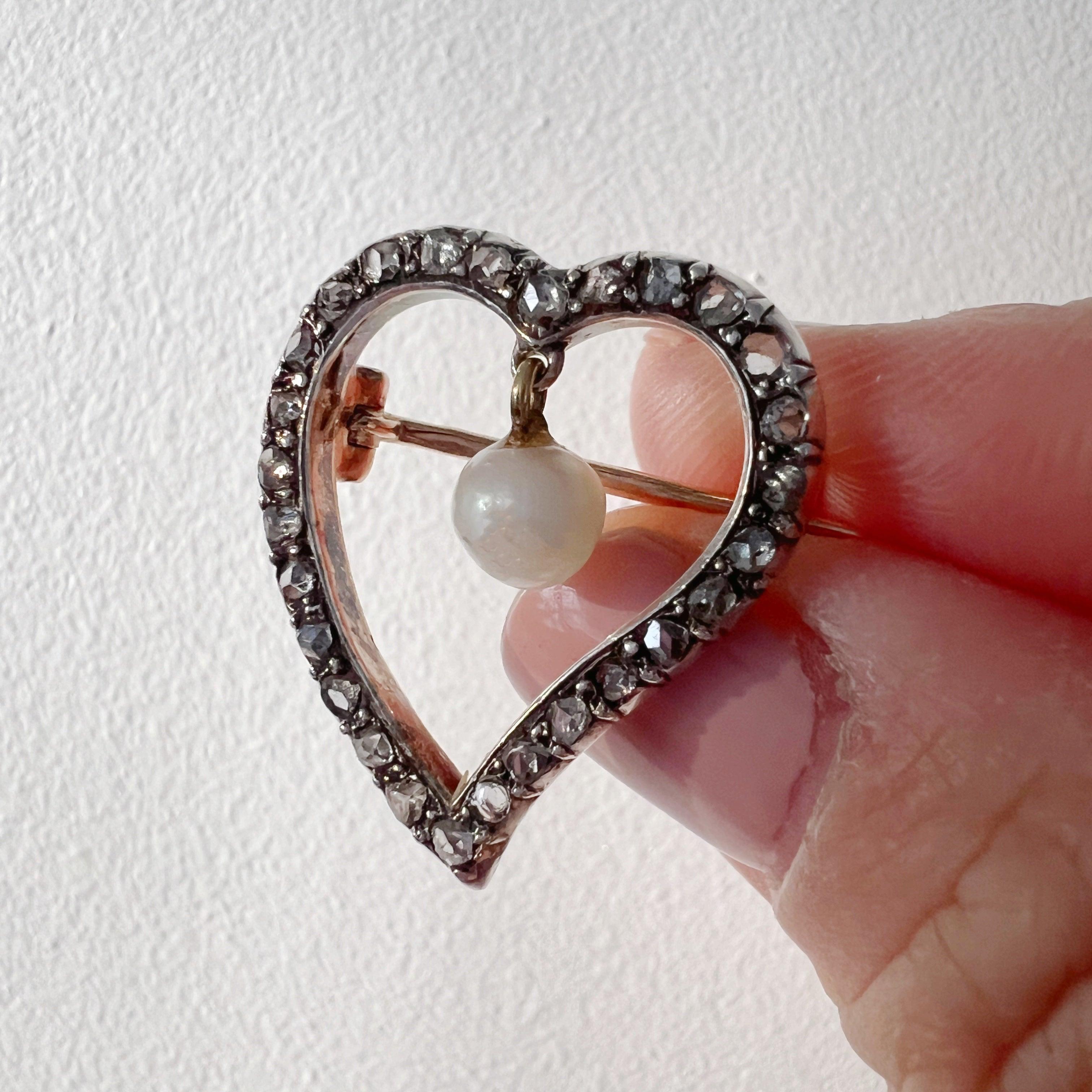 Rare Victorian 18K gold diamond pearl Witch’s heart brooch - Curiously timeless