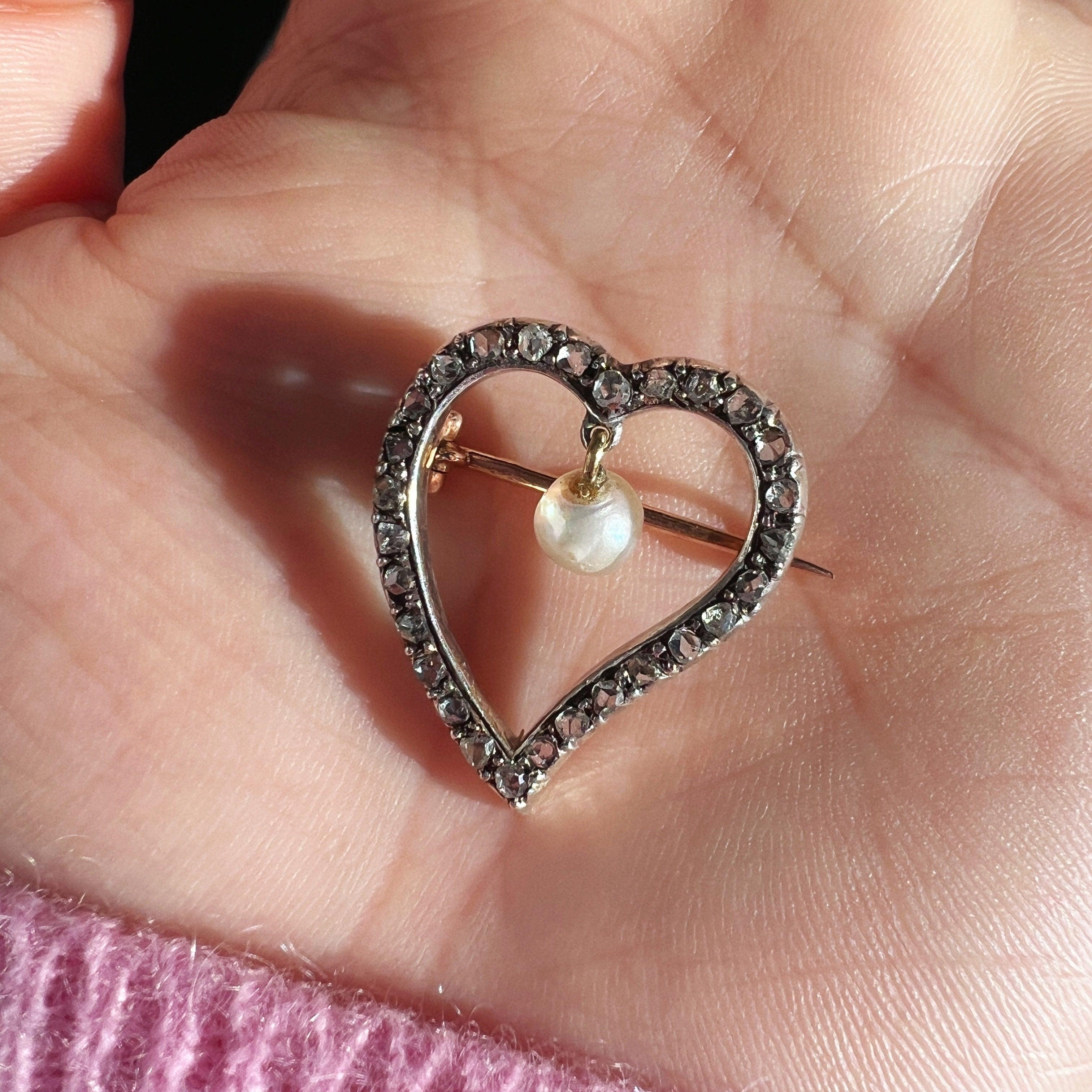 Rare Victorian 18K gold diamond pearl Witch’s heart brooch - Curiously timeless