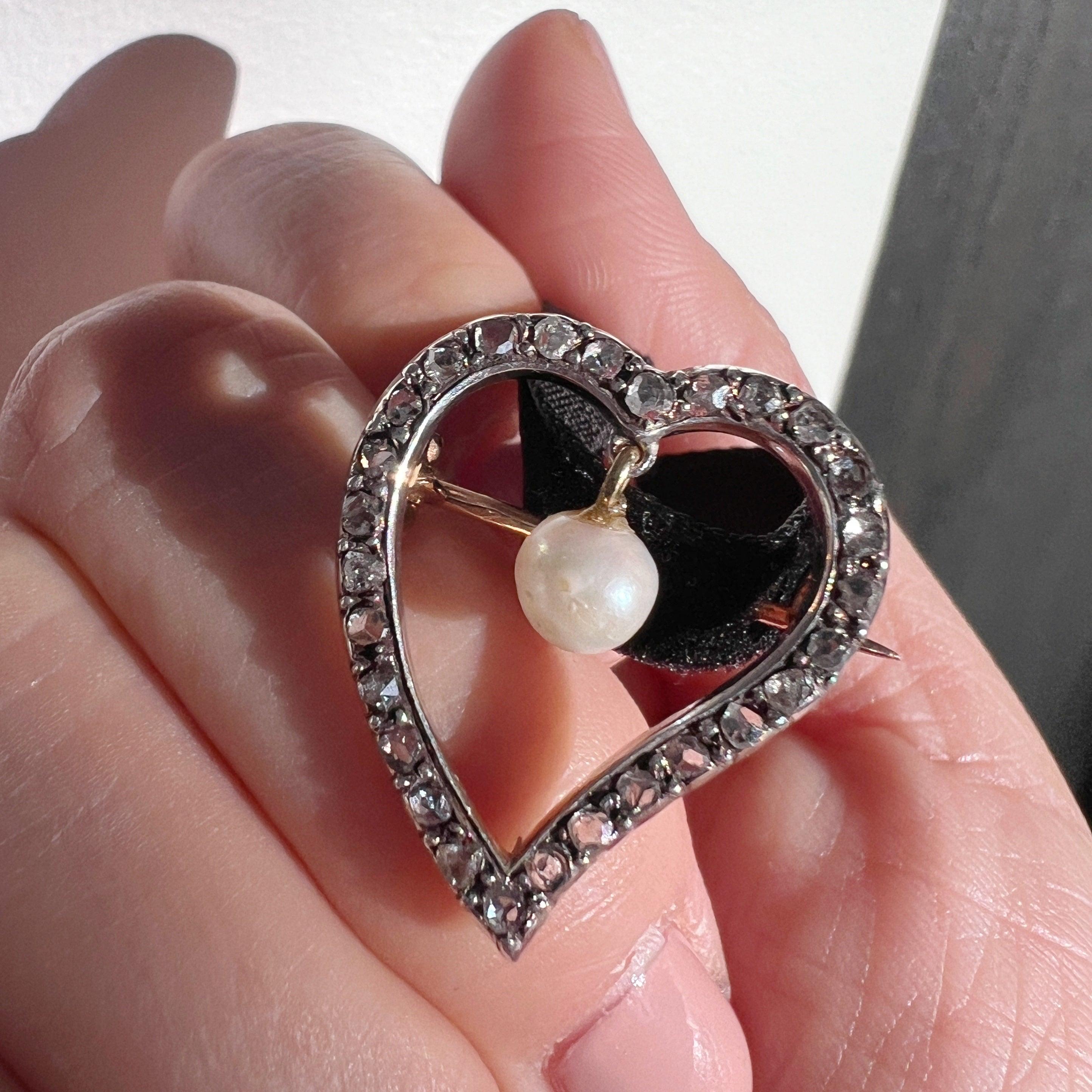 Rare Victorian 18K gold diamond pearl Witch’s heart brooch - Curiously timeless