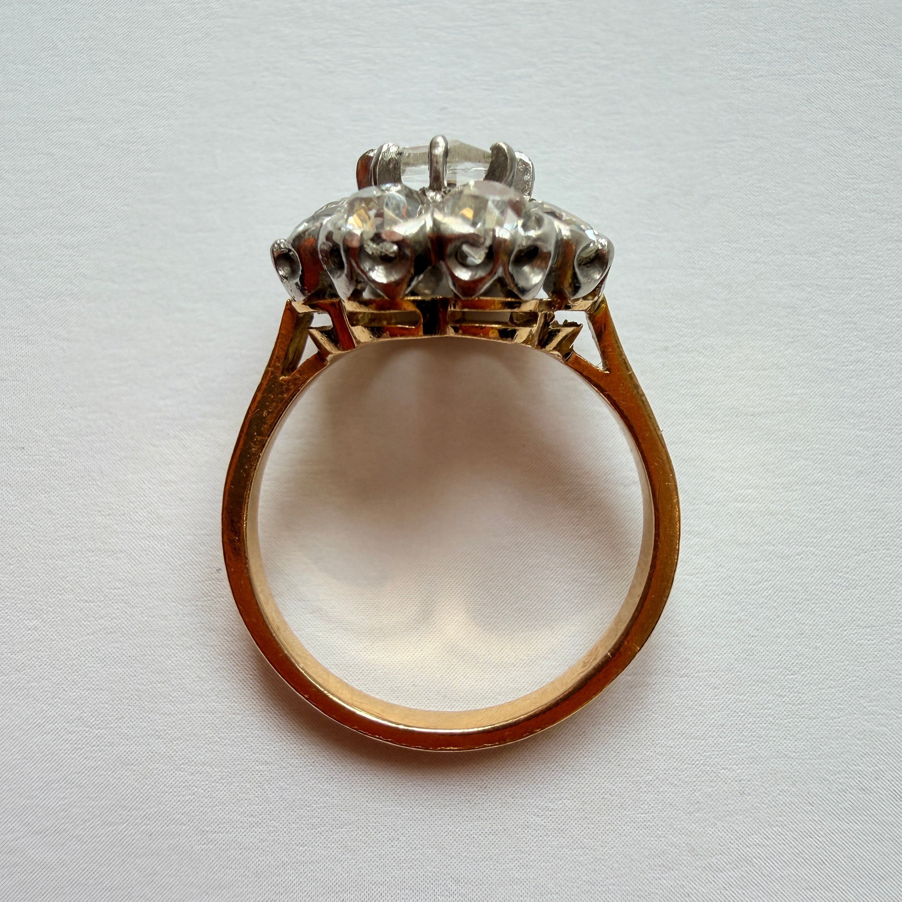 Antique French 18K gold rose & OMC cut diamond cluster ring