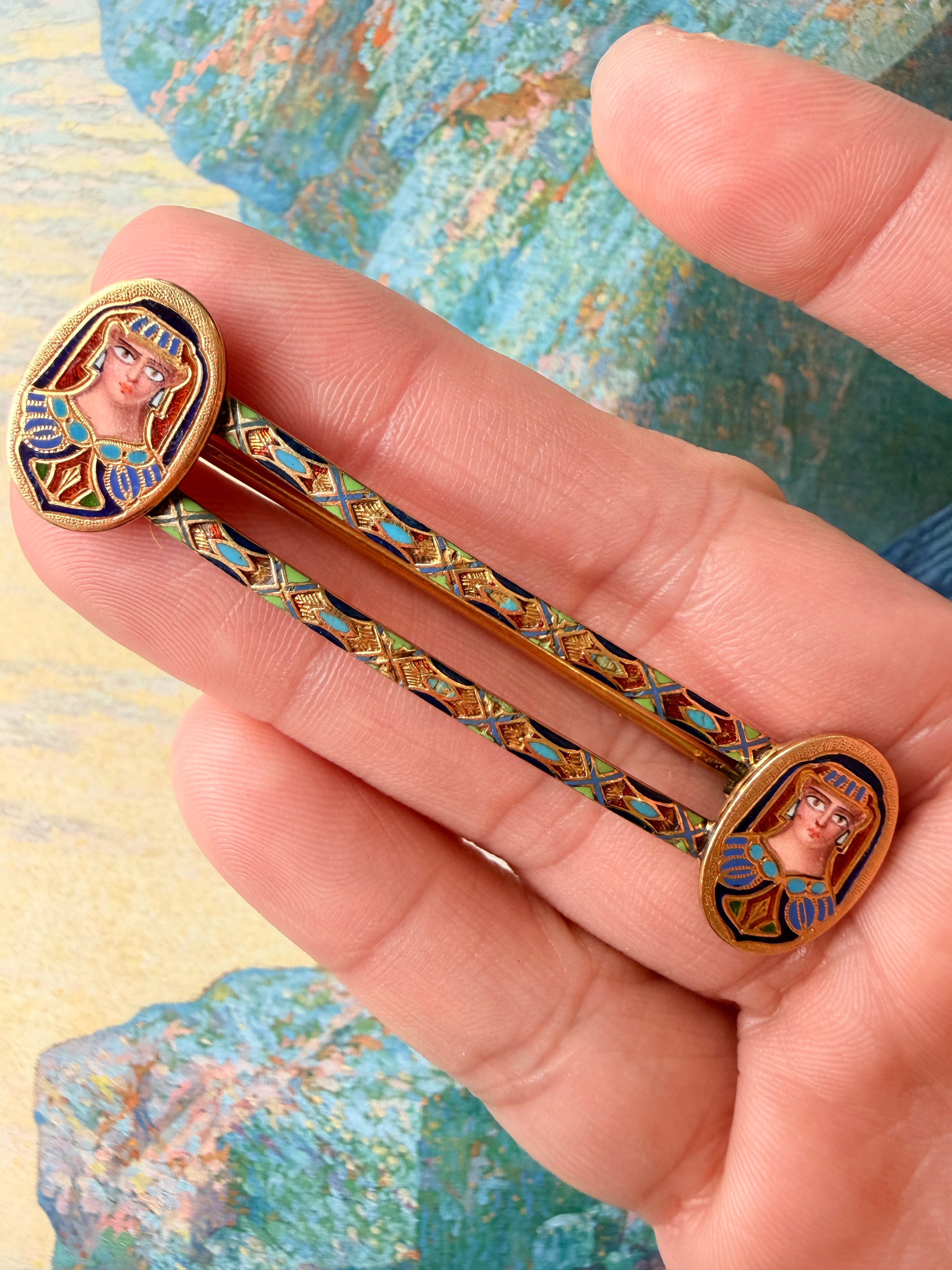 Antique French 18K gold Egyptian revival enamel brooch